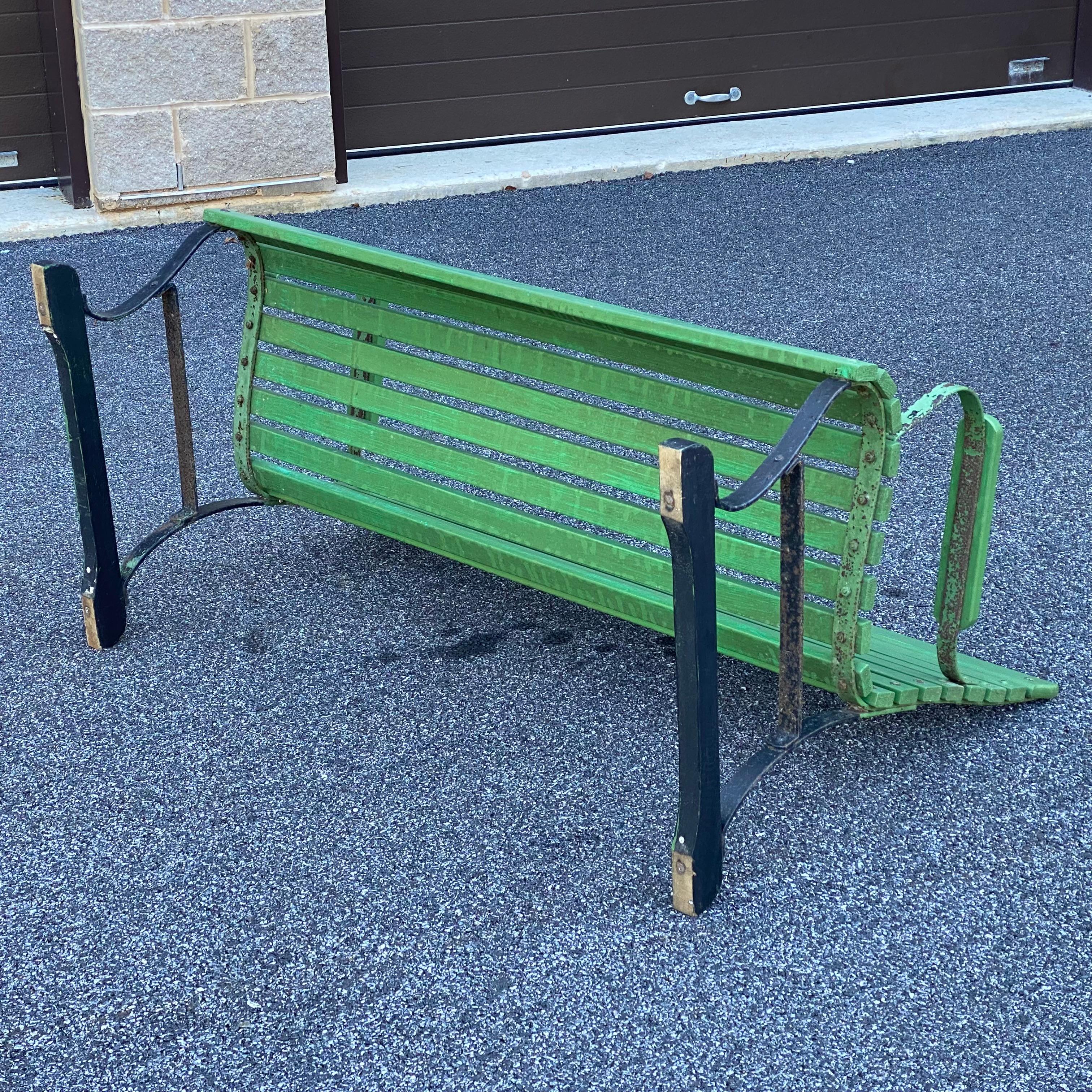 Mid Century Slatted Wood & Iron Park Garden Porch Bench For Sale 2
