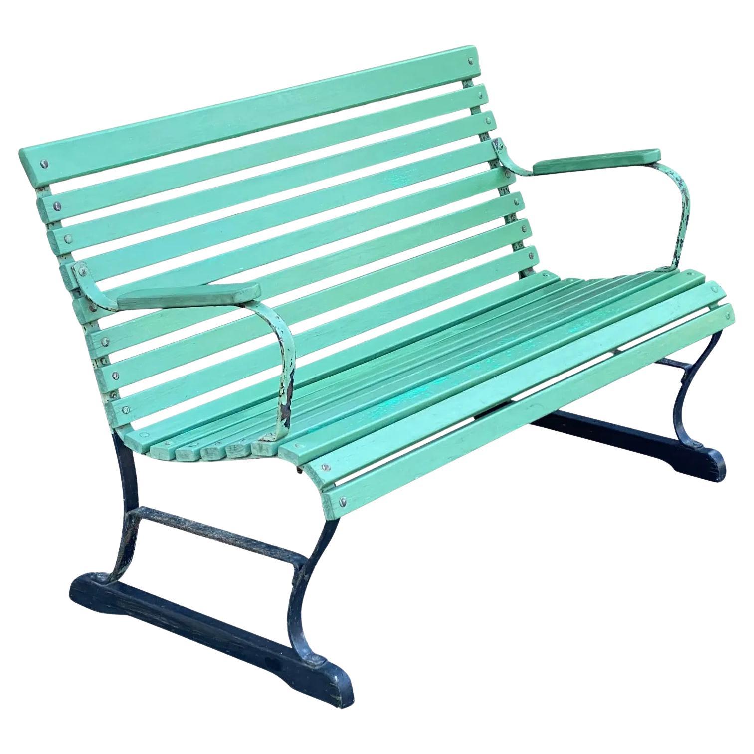 Mid Century Slatted Wood & Iron Park Garden Porch Bench For Sale