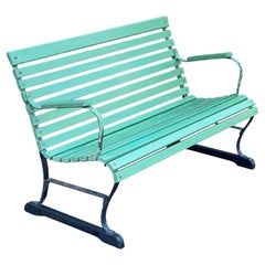Mid Century Slatted Wood & Iron Park Garden Porch Bench