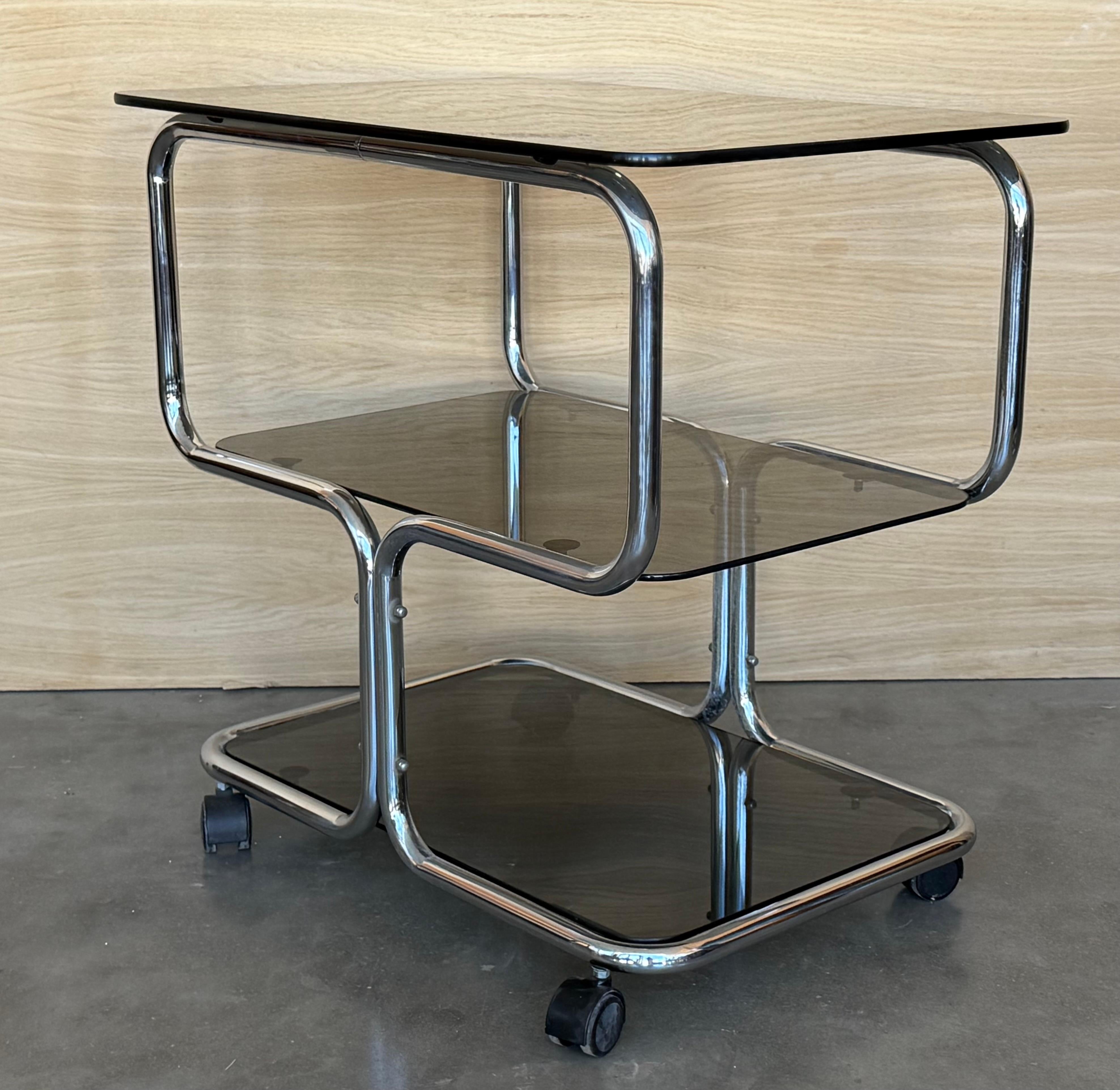 20th Century Mid Century Sleek Italian Three Tier Chrome and Glass Drinks Trolley On Castors For Sale