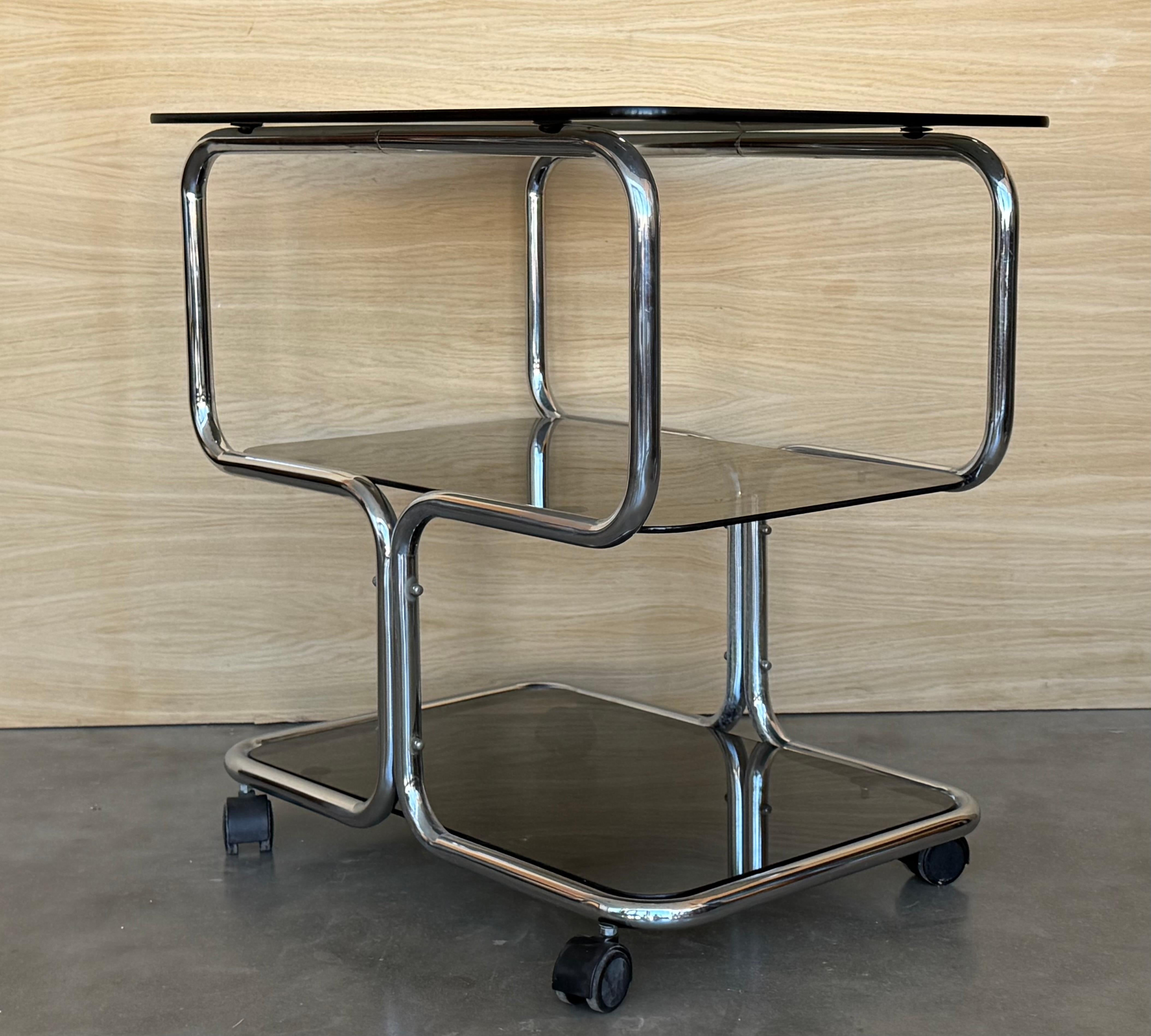 Mid Century Sleek Italian Three Tier Chrome and Glass Drinks Trolley On Castors For Sale 1