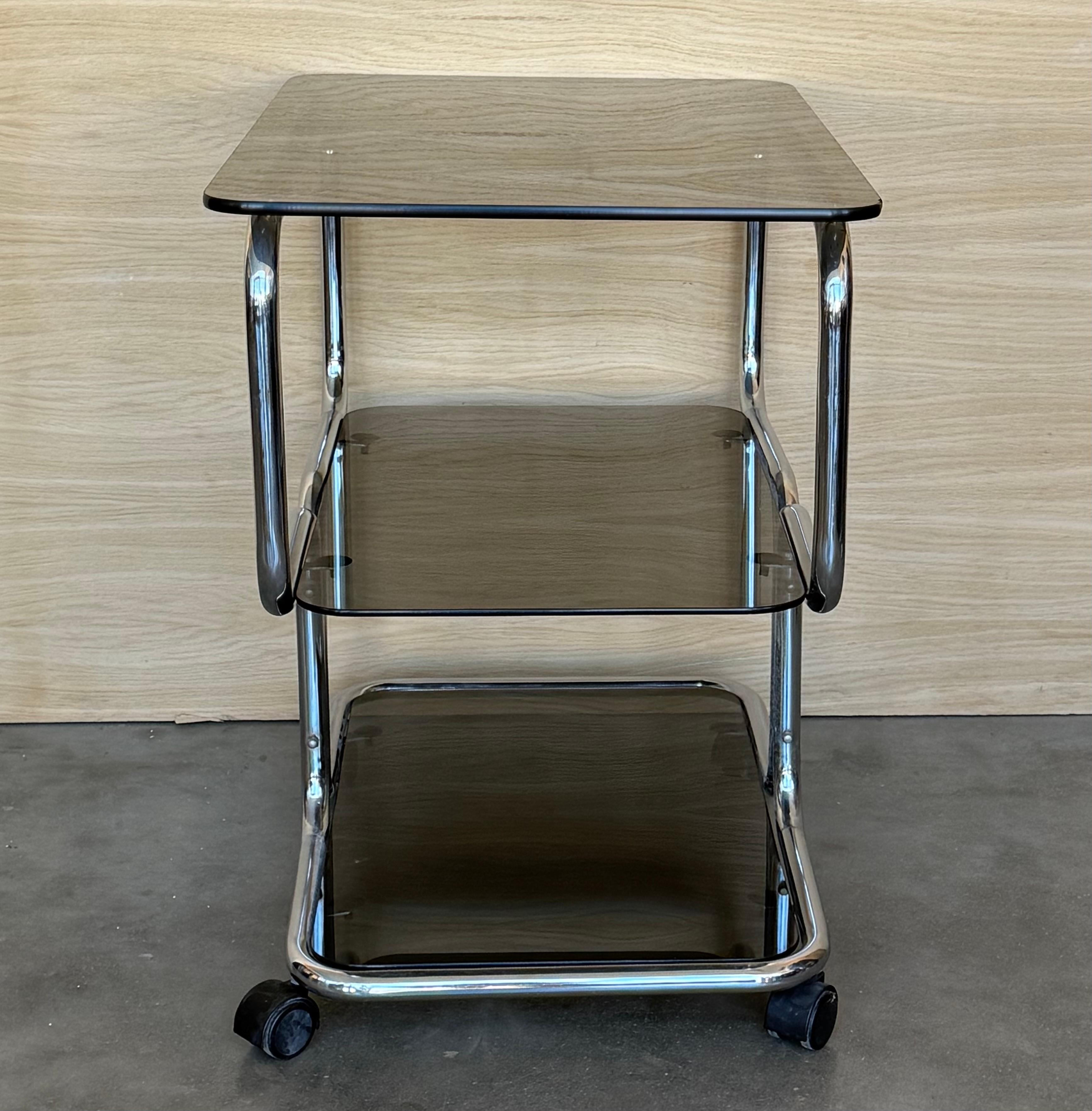 Mid Century Sleek Italian Three Tier Chrome and Glass Drinks Trolley On Castors For Sale 2