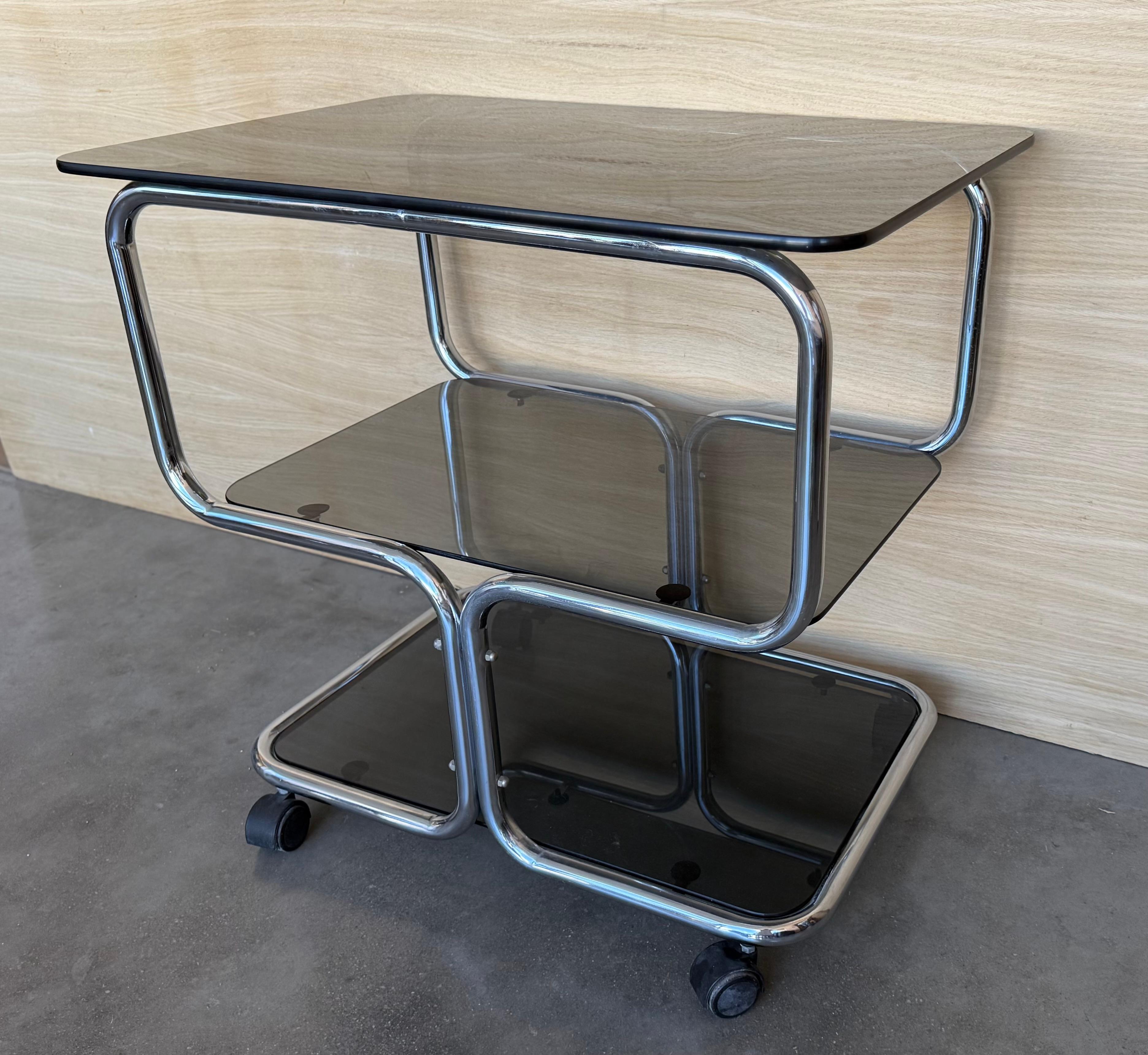 Mid Century Sleek Italian Three Tier Chrome and Glass Drinks Trolley On Castors For Sale 3