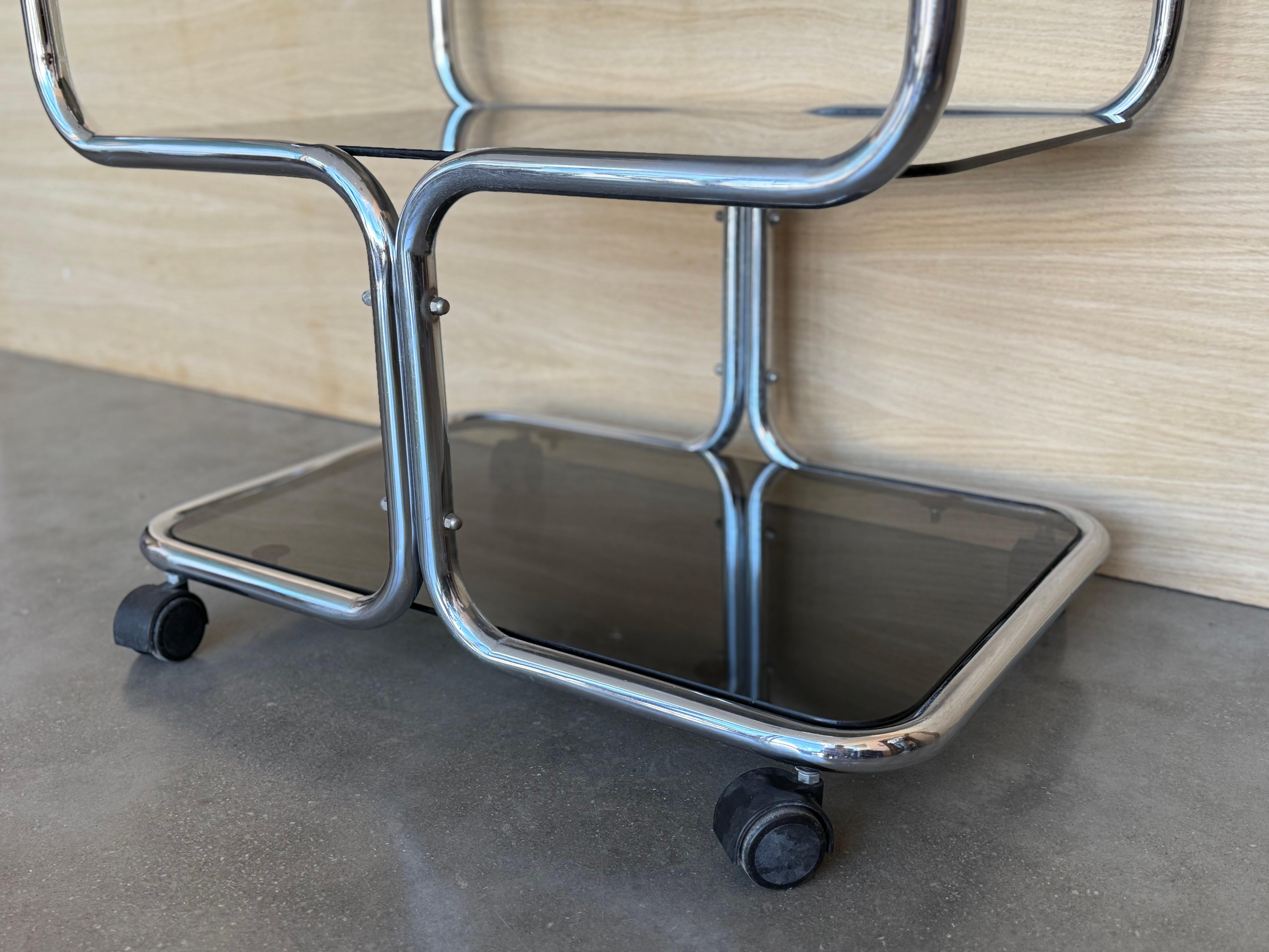Mid Century Sleek Italian Three Tier Chrome and Glass Drinks Trolley On Castors For Sale 4