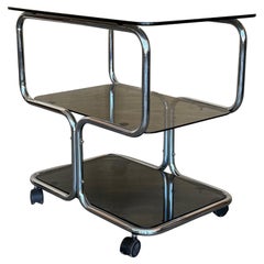 Mid Century Sleek Italian Three Tier Chrome and Glass Drinks Trolley On Castors