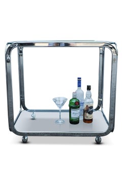 Mid Century Sleek Italian Two Tier Chrome and Glass Drinks Trolley On Castors