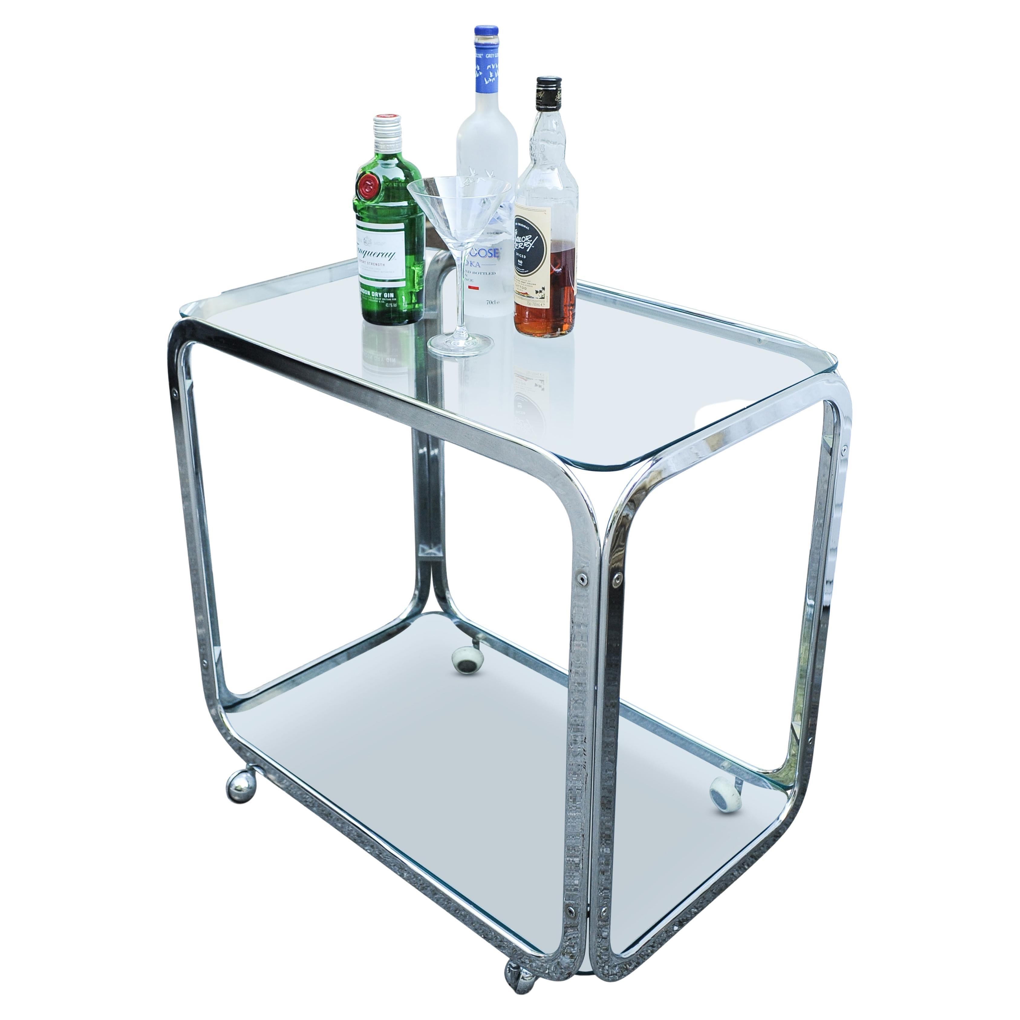 Mid Century Sleek Italian Two Tier Chrome and Glass Drinks Trolley On Castors For Sale