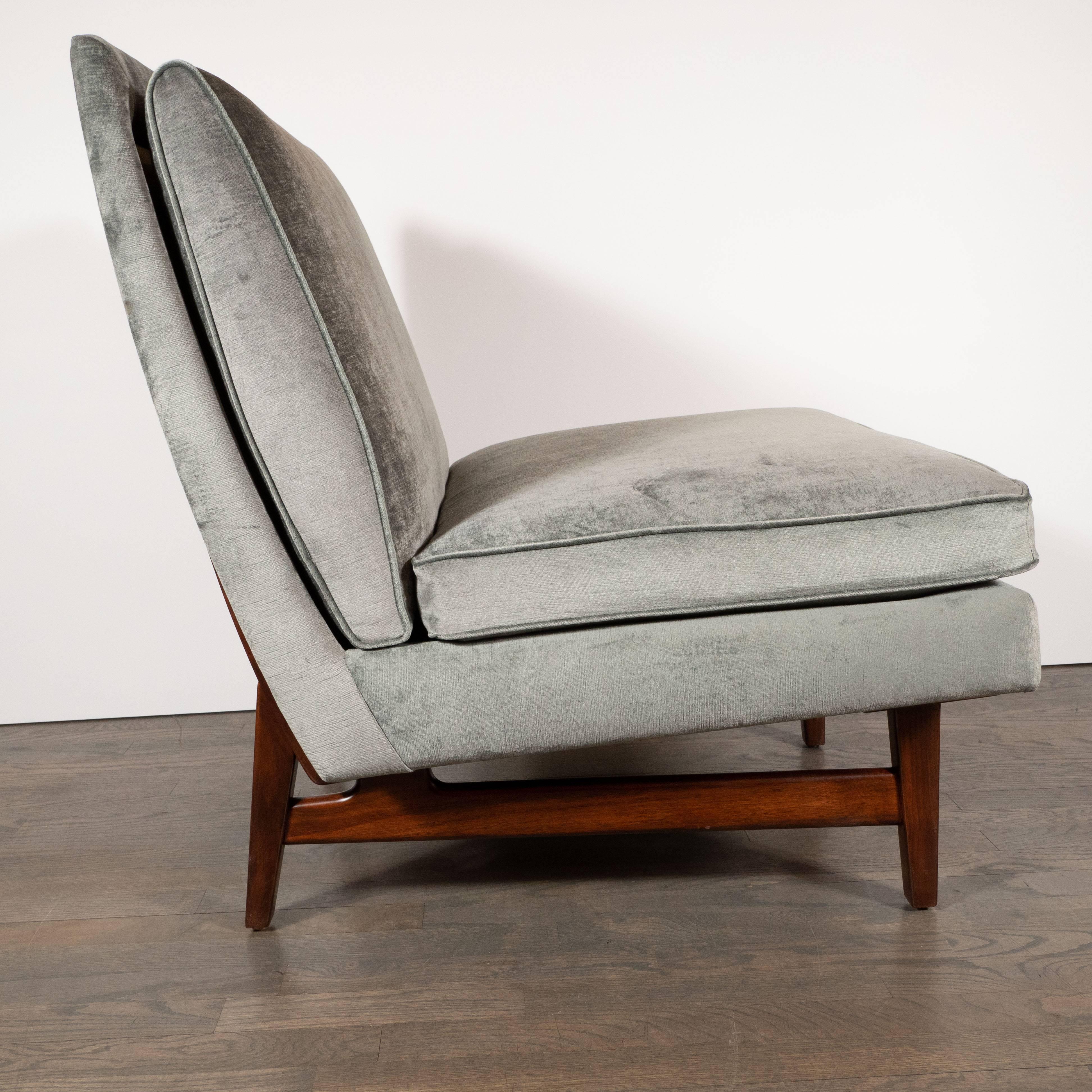 Danish Midcentury Slipper Chair in Hand Rubbed Walnut & Sage Velvet by Jens Risom
