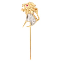 Mid-Century Sloan & Co. 14K Gold, Diamond, and Spinel Figural Lion Stickpin