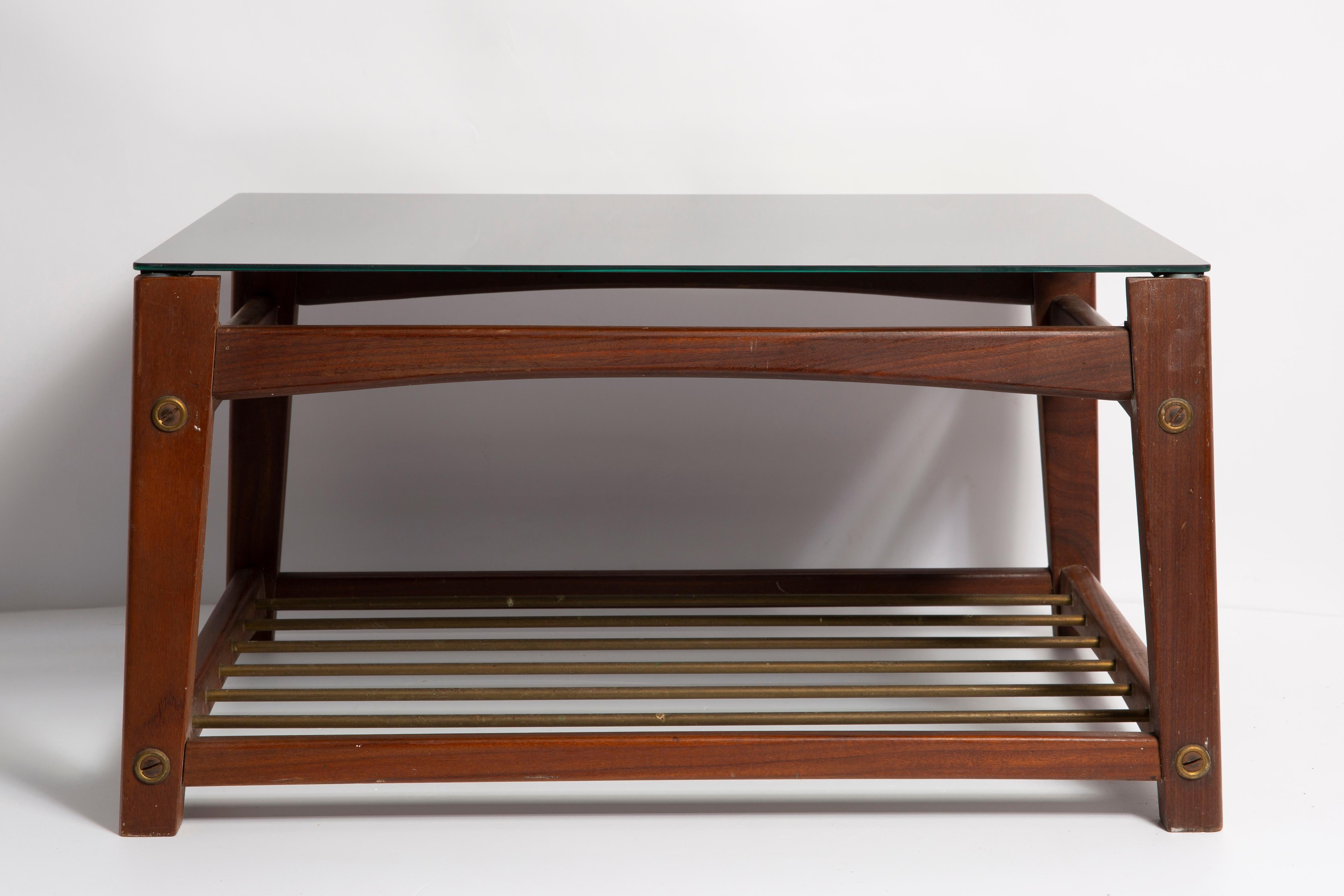 Hand-Painted Mid Century Small Coffee Table, Black Glass and Teak Wood, Sweden, 1960s For Sale