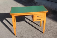 Midcentury Small Desk in Beechwood with Green Laminate Top Brass Foot