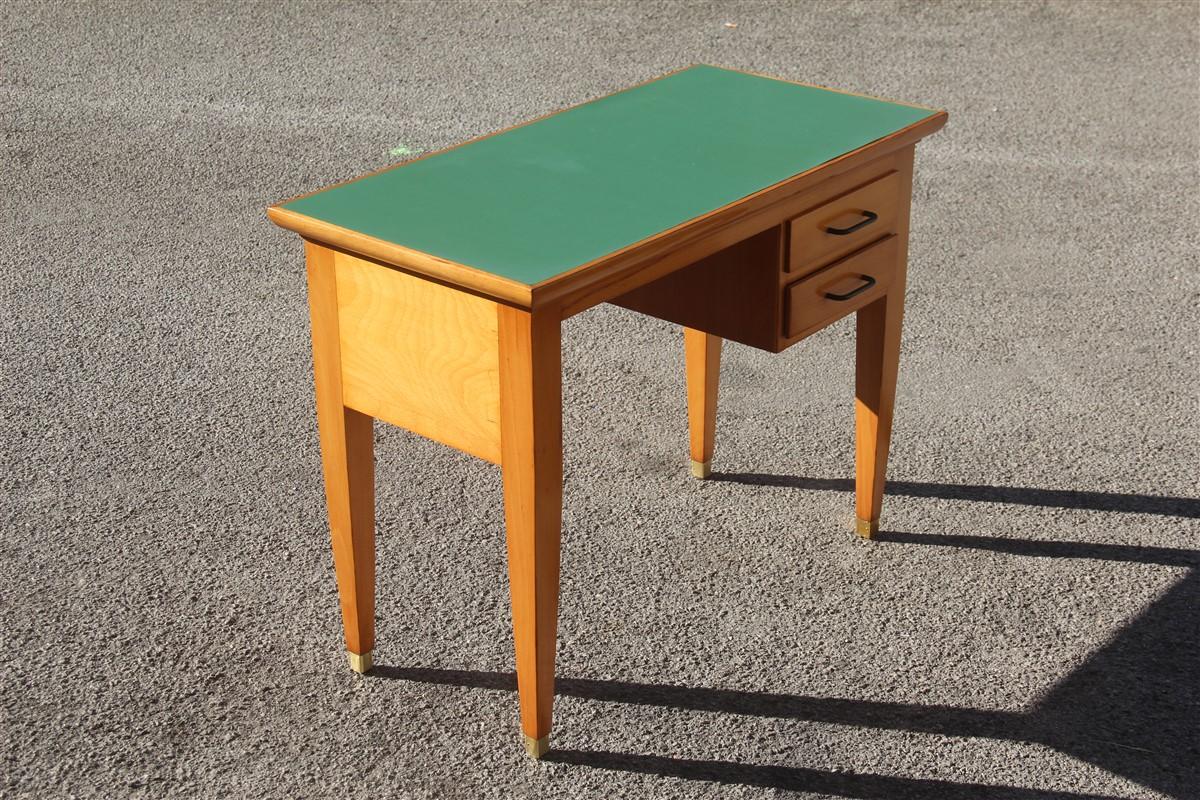 Italian Midcentury Small Desk in Beechwood with Green Laminate Top Brass Foot For Sale
