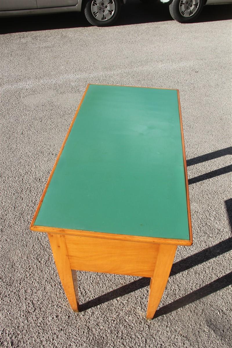 Midcentury Small Desk in Beechwood with Green Laminate Top Brass Foot For Sale 1