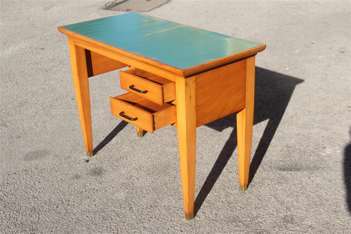 Midcentury Small Desk in Beechwood with Green Laminate Top Brass Foot For Sale 2