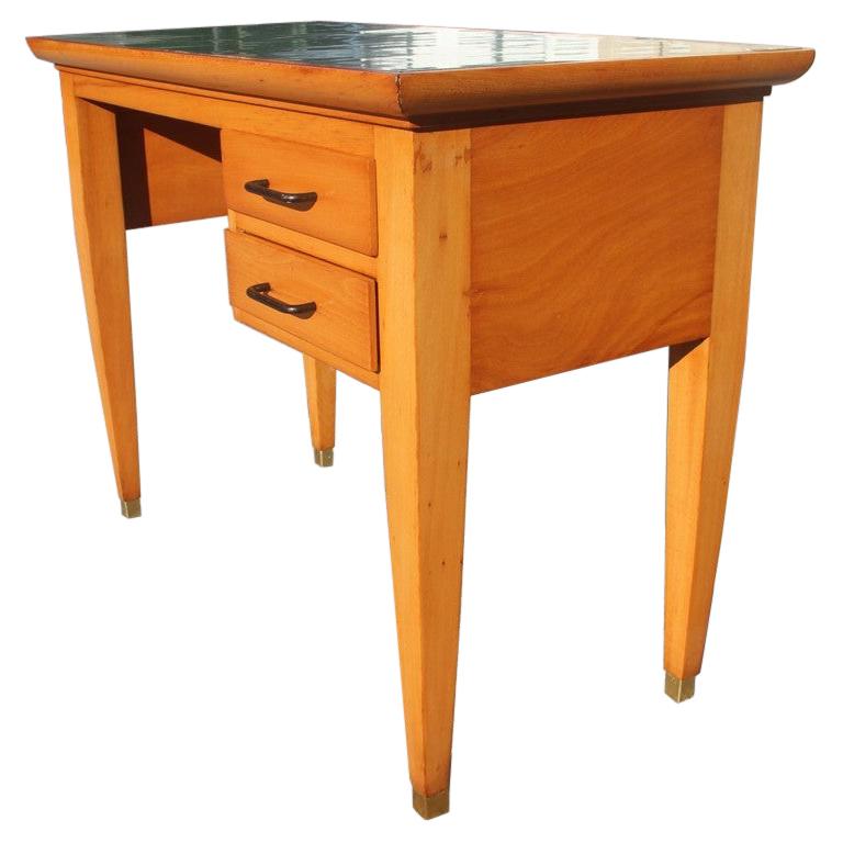 Midcentury Small Desk in Beechwood with Green Laminate Top Brass Foot