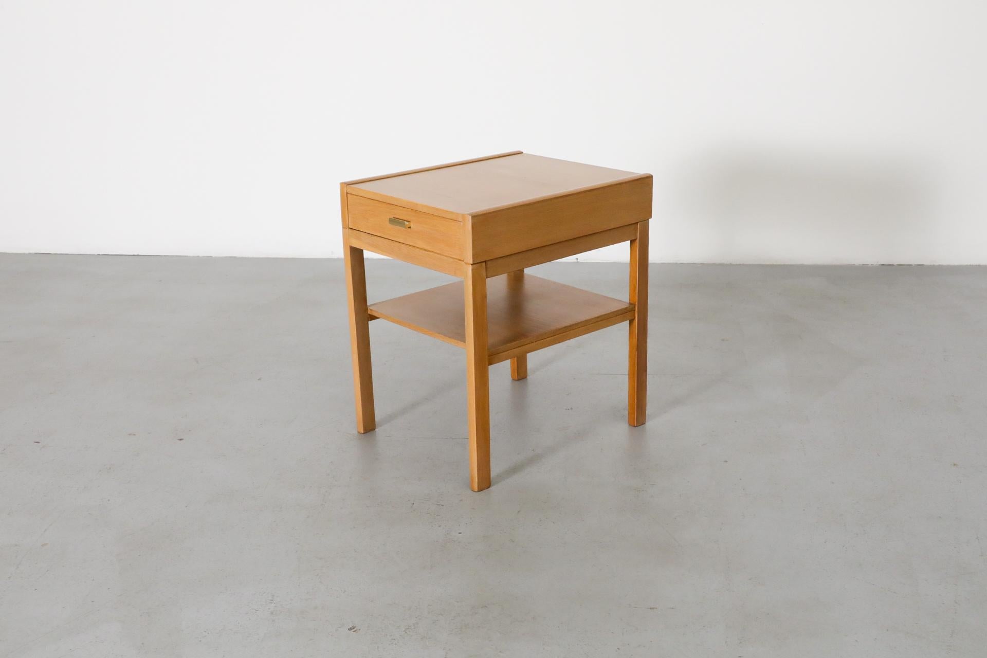 Mid-Century Small Oak Nightstand w/ Lower Shelf & Drawer with Baby Blue Bottom For Sale 4