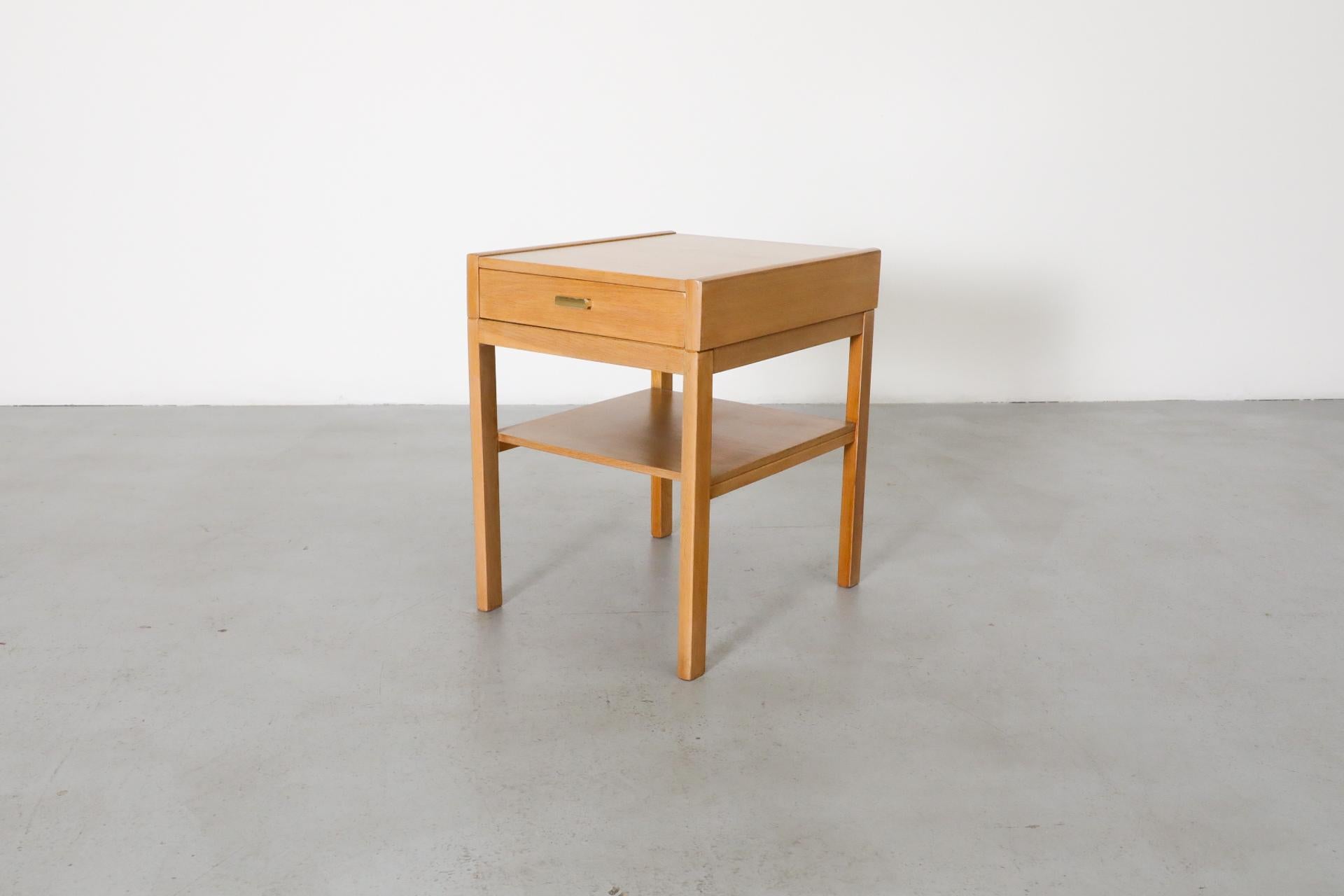 Mid-Century Small Oak Nightstand w/ Lower Shelf & Drawer with Baby Blue Bottom For Sale 6