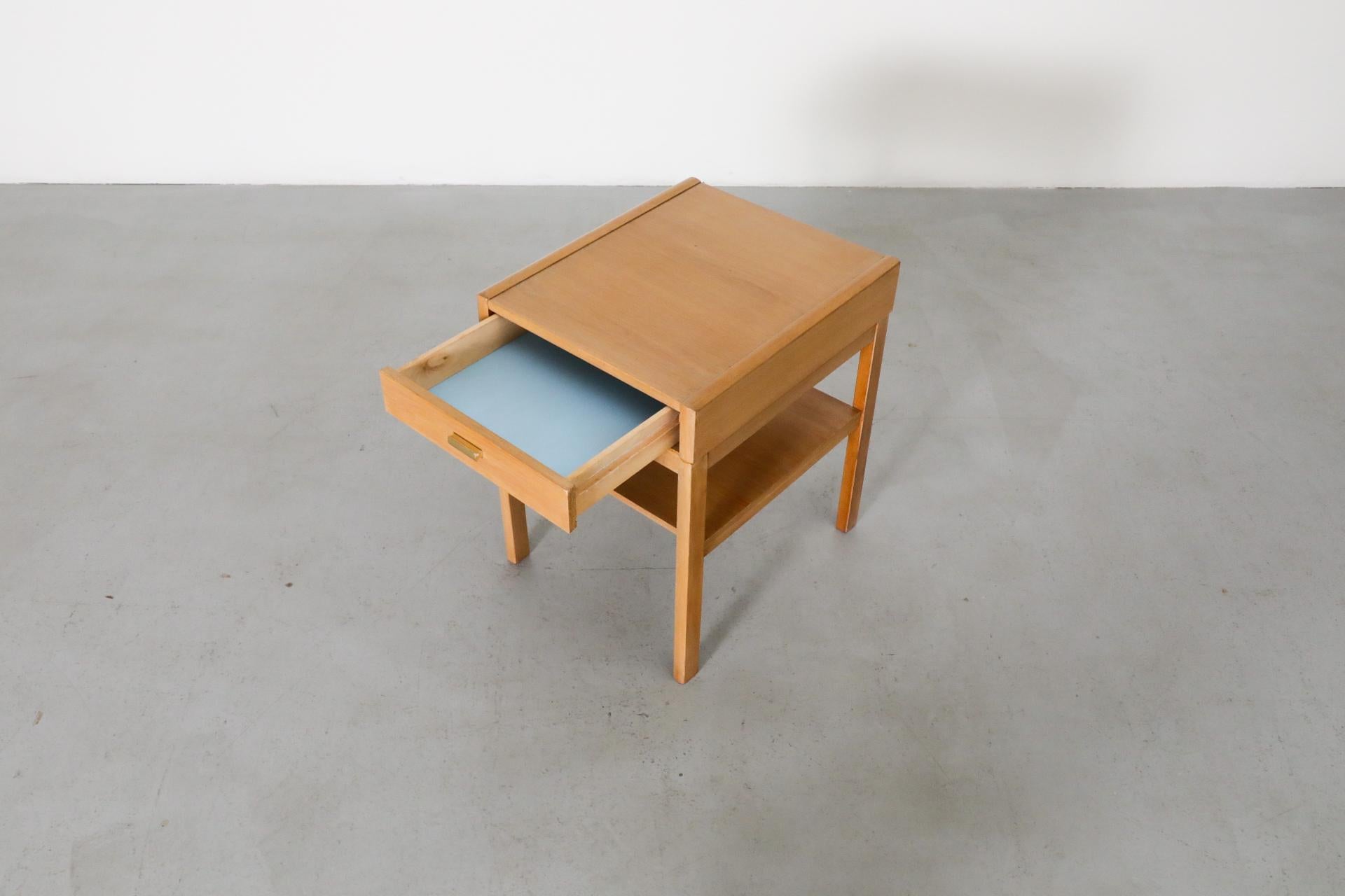 Mid-Century Small Oak Nightstand w/ Lower Shelf & Drawer with Baby Blue Bottom For Sale 7