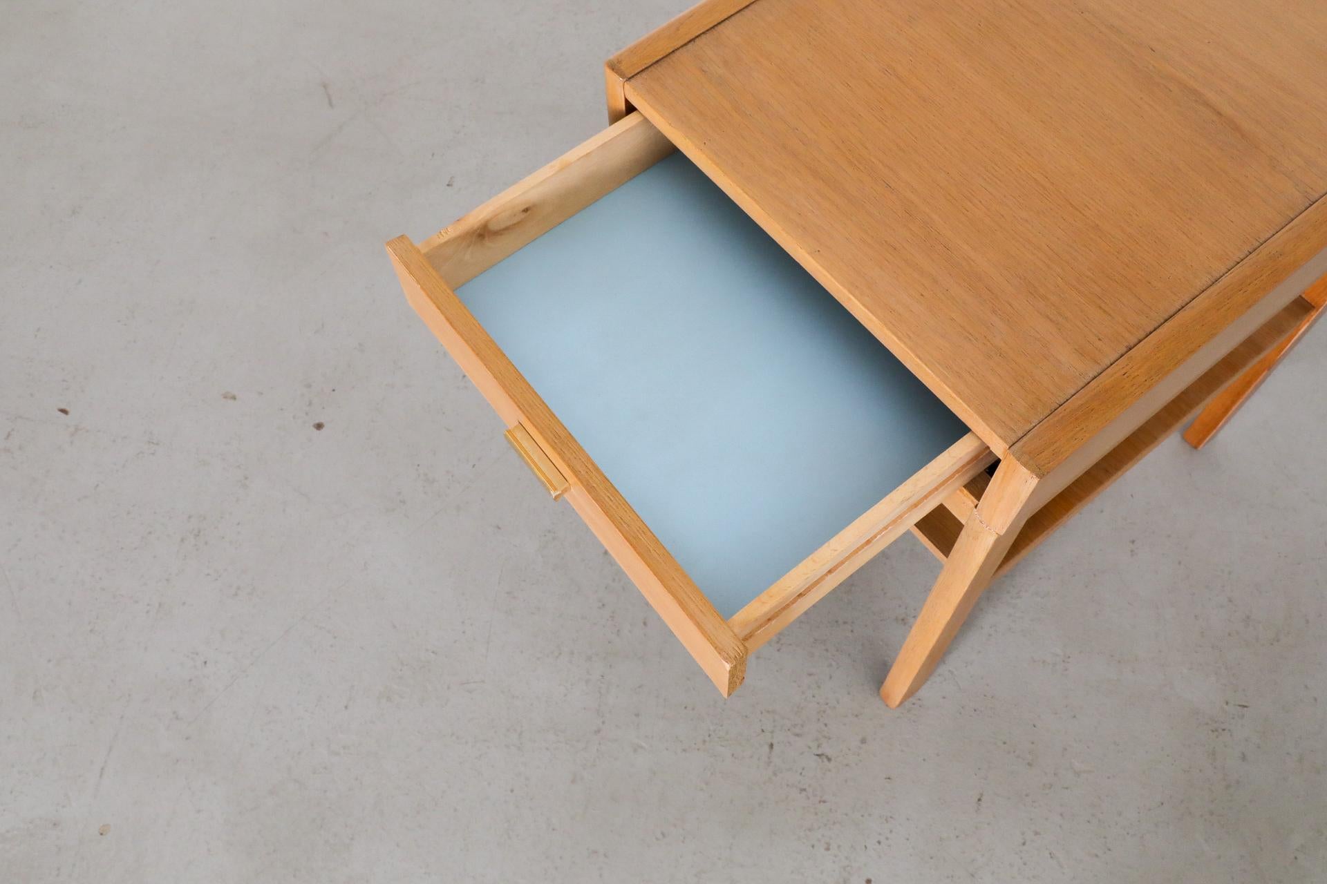 Mid-Century Small Oak Nightstand w/ Lower Shelf & Drawer with Baby Blue Bottom For Sale 8