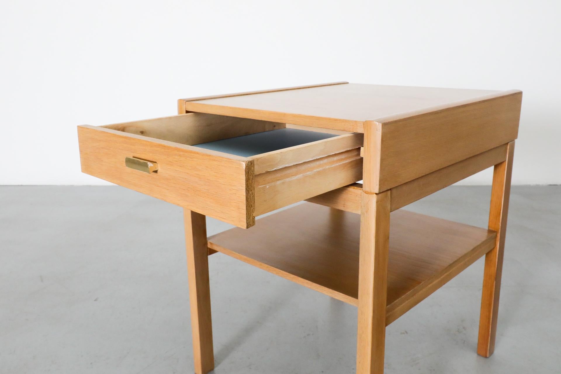 Mid-Century Small Oak Nightstand w/ Lower Shelf & Drawer with Baby Blue Bottom For Sale 9