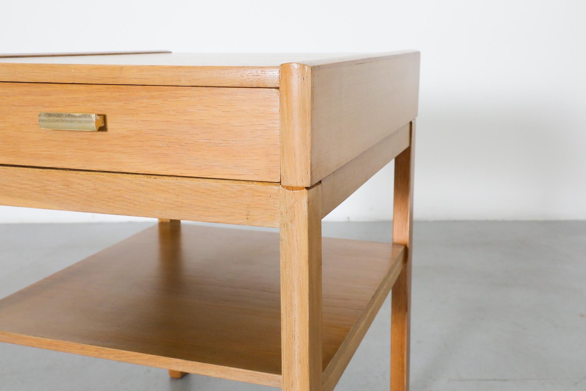 Mid-Century Small Oak Nightstand w/ Lower Shelf & Drawer with Baby Blue Bottom For Sale 11