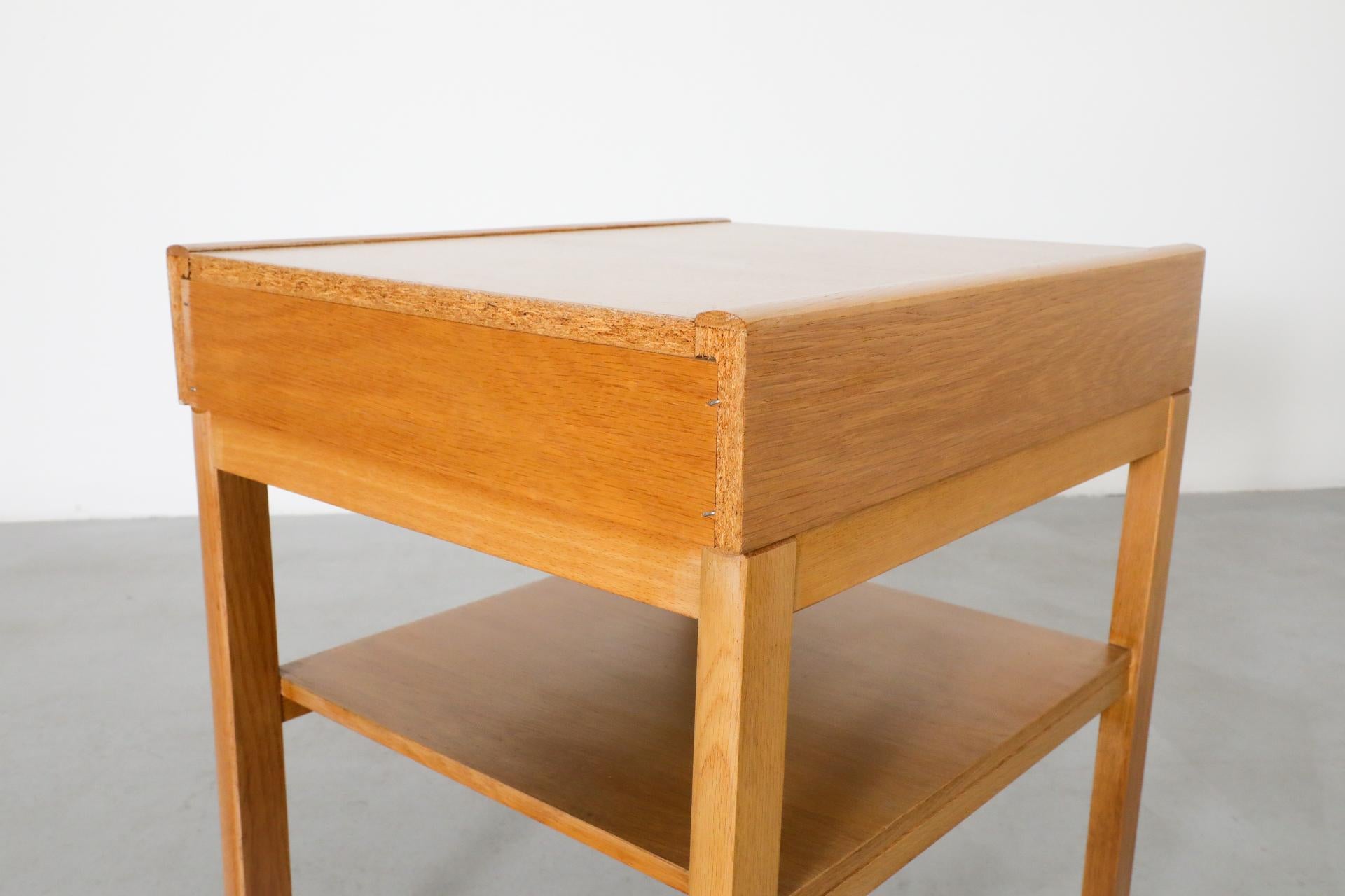 Mid-Century Small Oak Nightstand w/ Lower Shelf & Drawer with Baby Blue Bottom For Sale 12