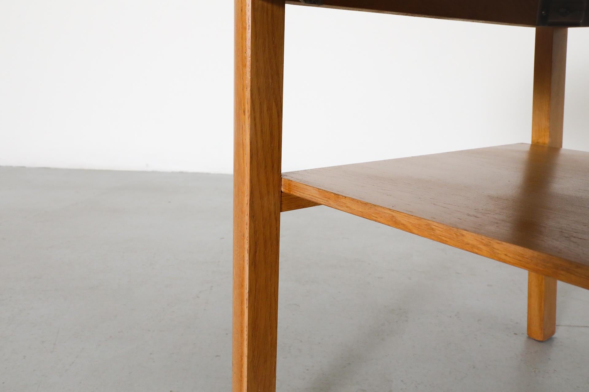 Mid-Century Small Oak Nightstand w/ Lower Shelf & Drawer with Baby Blue Bottom For Sale 13