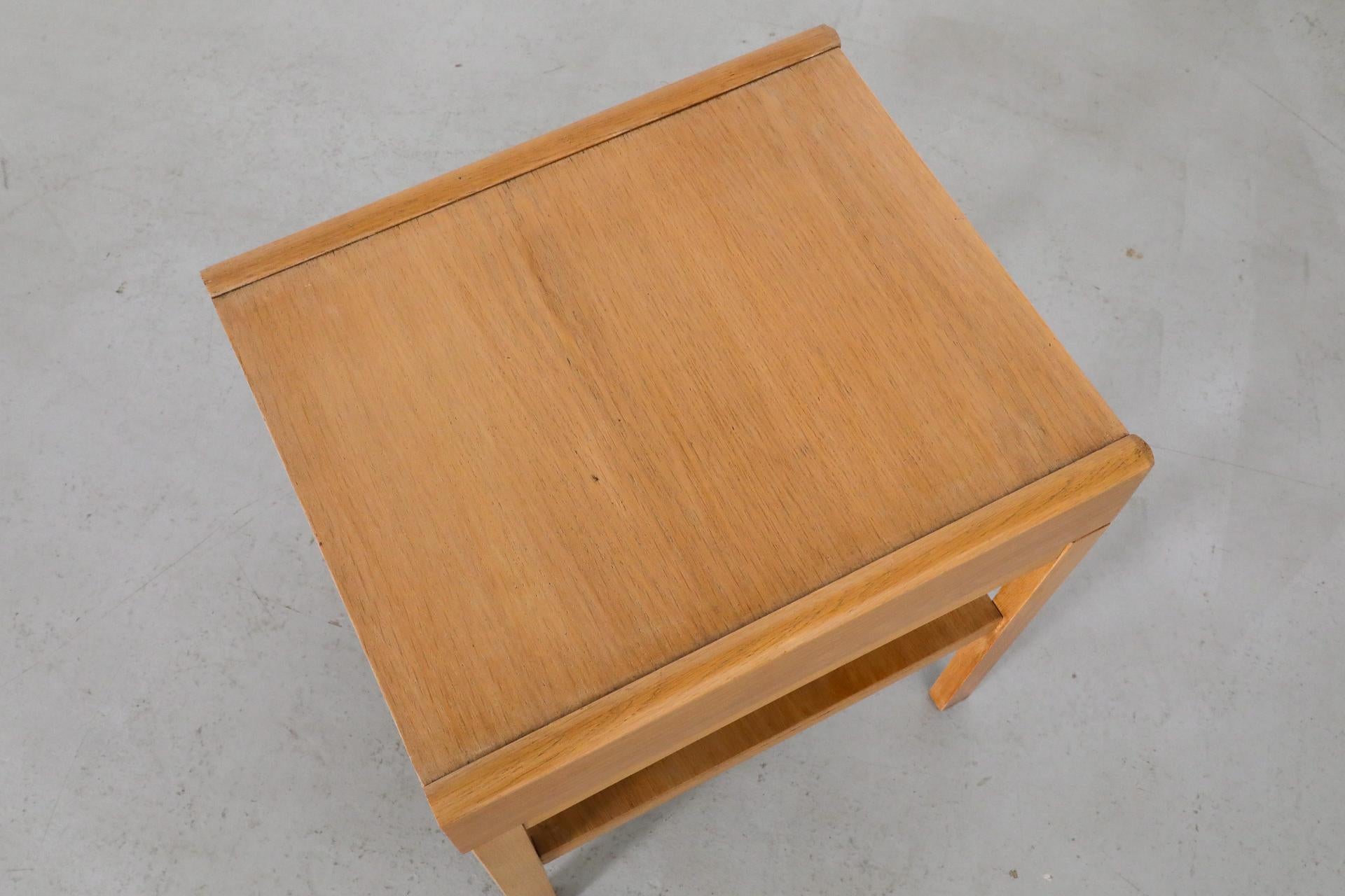 Mid-Century Small Oak Nightstand w/ Lower Shelf & Drawer with Baby Blue Bottom For Sale 14