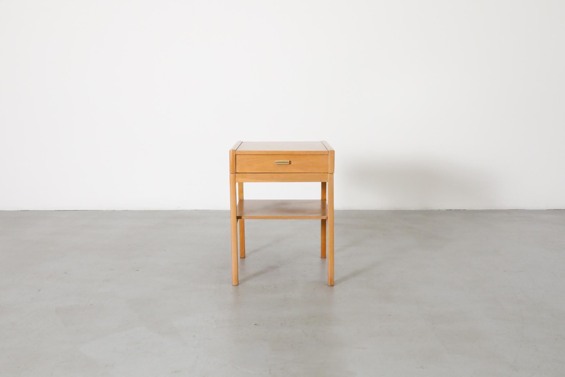 Mid-Century Modern Mid-Century Small Oak Nightstand w/ Lower Shelf & Drawer with Baby Blue Bottom For Sale