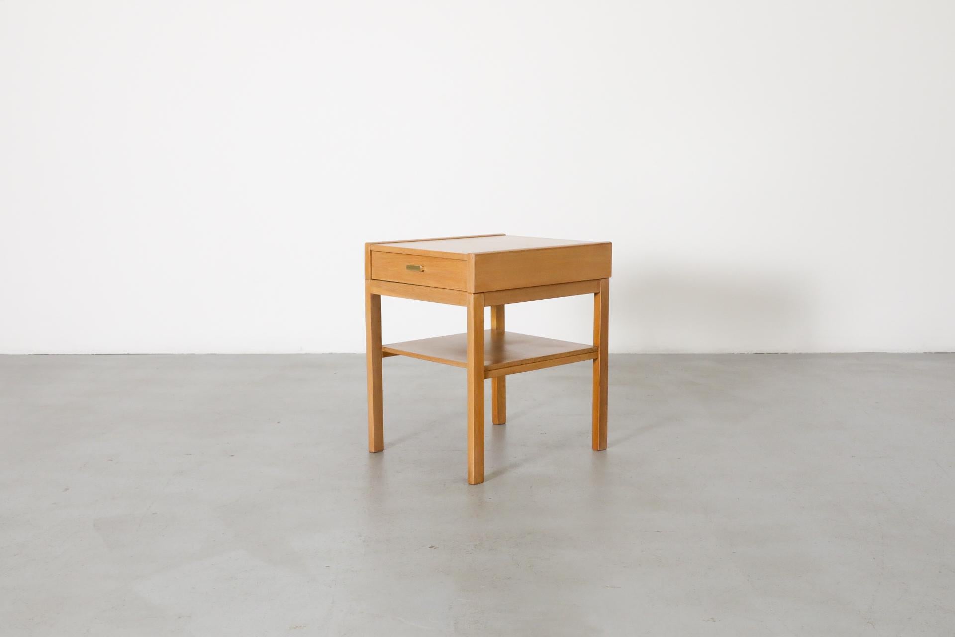 Dutch Mid-Century Small Oak Nightstand w/ Lower Shelf & Drawer with Baby Blue Bottom For Sale
