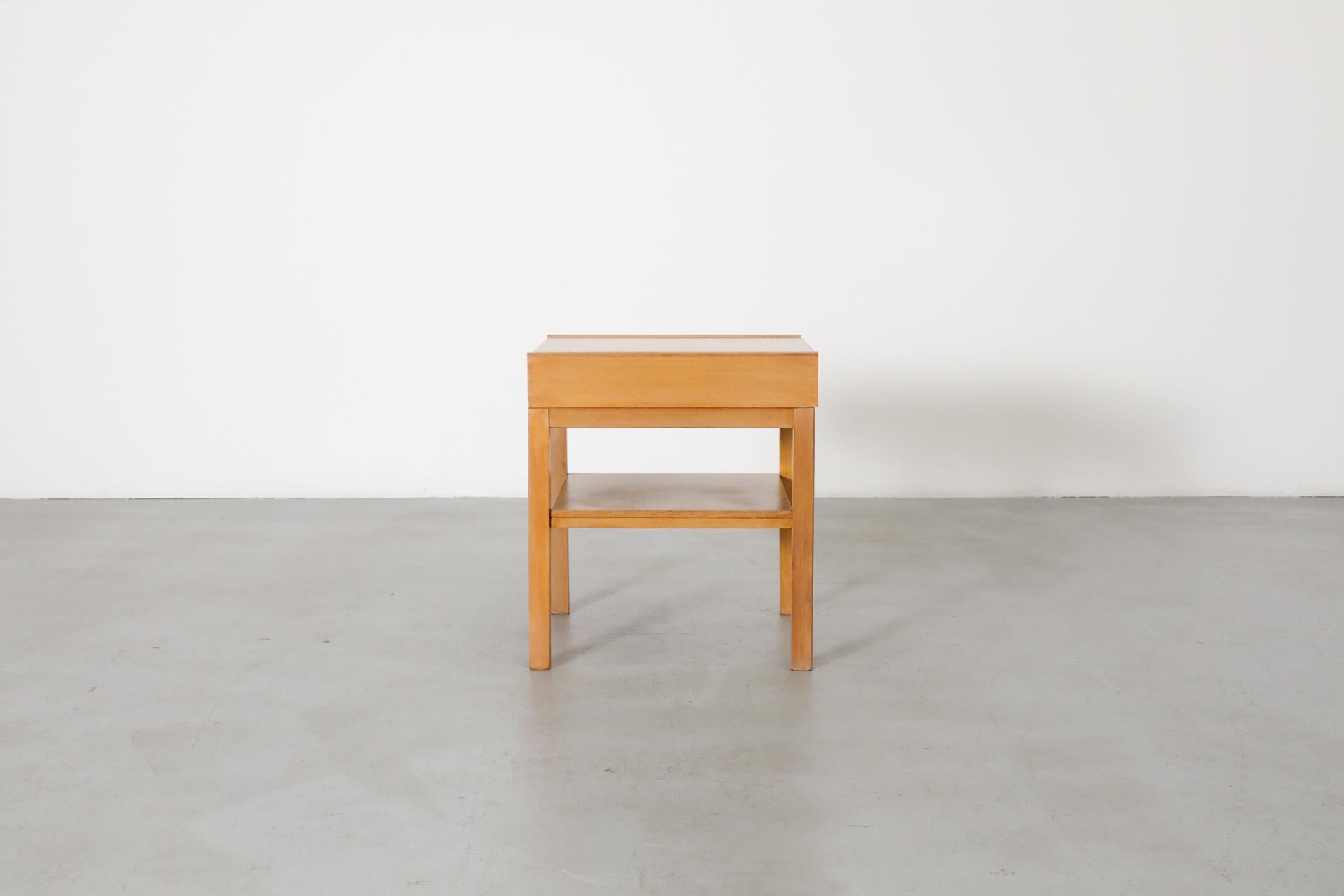 20th Century Mid-Century Small Oak Nightstand w/ Lower Shelf & Drawer with Baby Blue Bottom For Sale