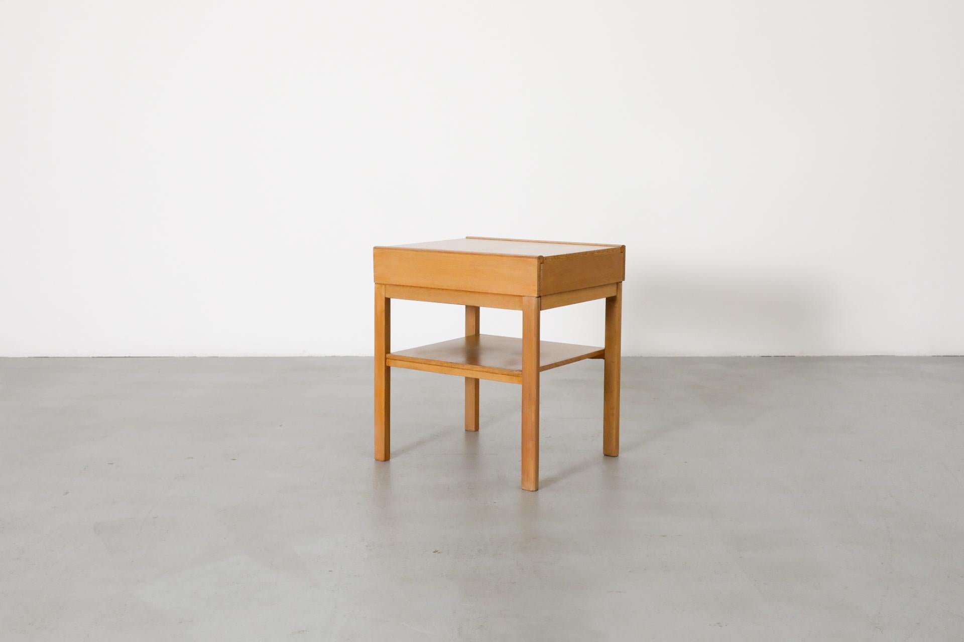 Mid-Century Small Oak Nightstand w/ Lower Shelf & Drawer with Baby Blue Bottom For Sale 1