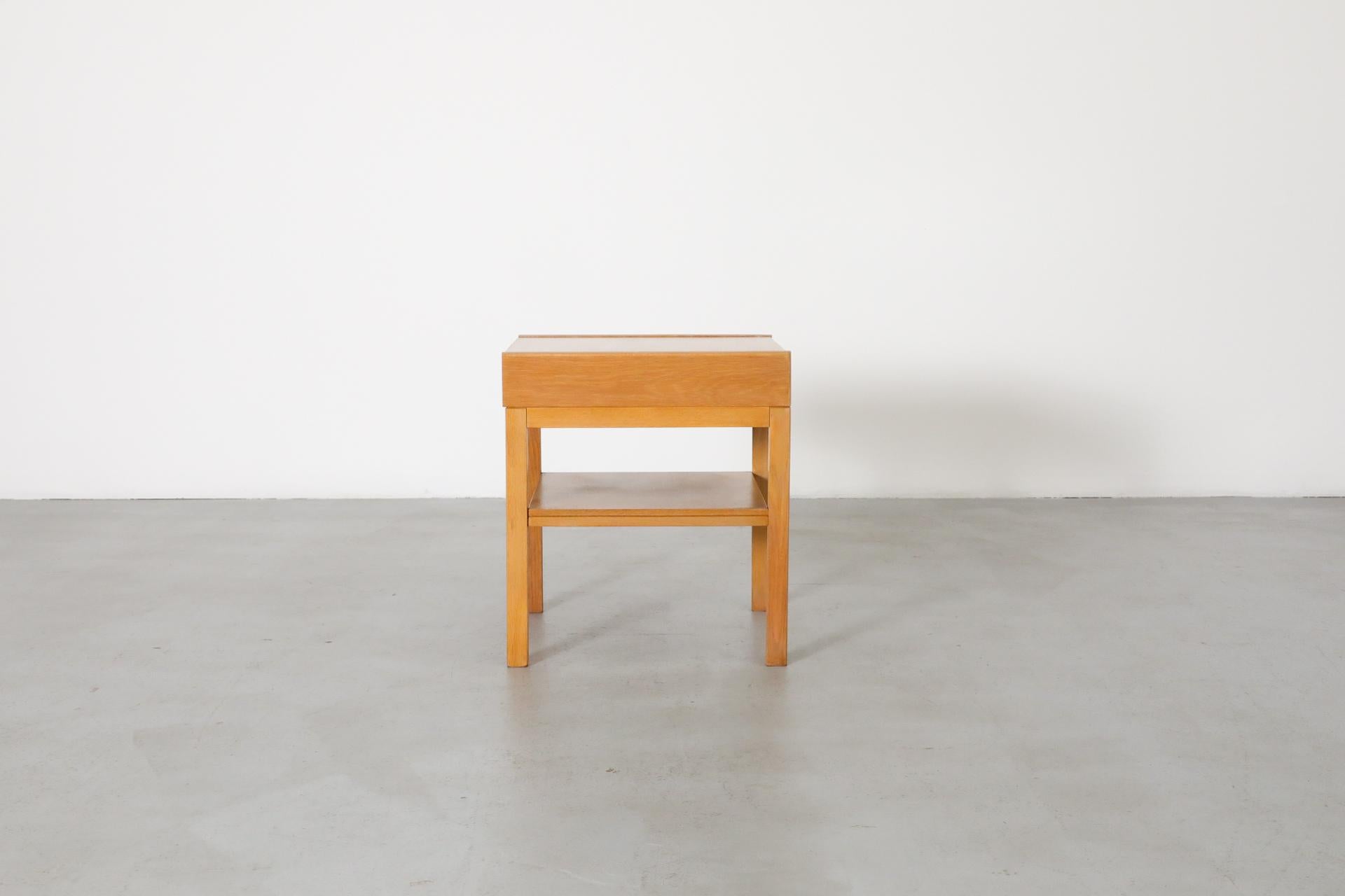 Mid-Century Small Oak Nightstand w/ Lower Shelf & Drawer with Baby Blue Bottom For Sale 3