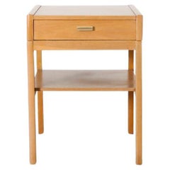 Mid-Century Small Oak Nightstand w/ Lower Shelf & Drawer with Baby Blue Bottom