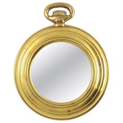 Mid-Century Small Pocket Watch Wall Mirror in Brass, Fornasetti Style, 1950s