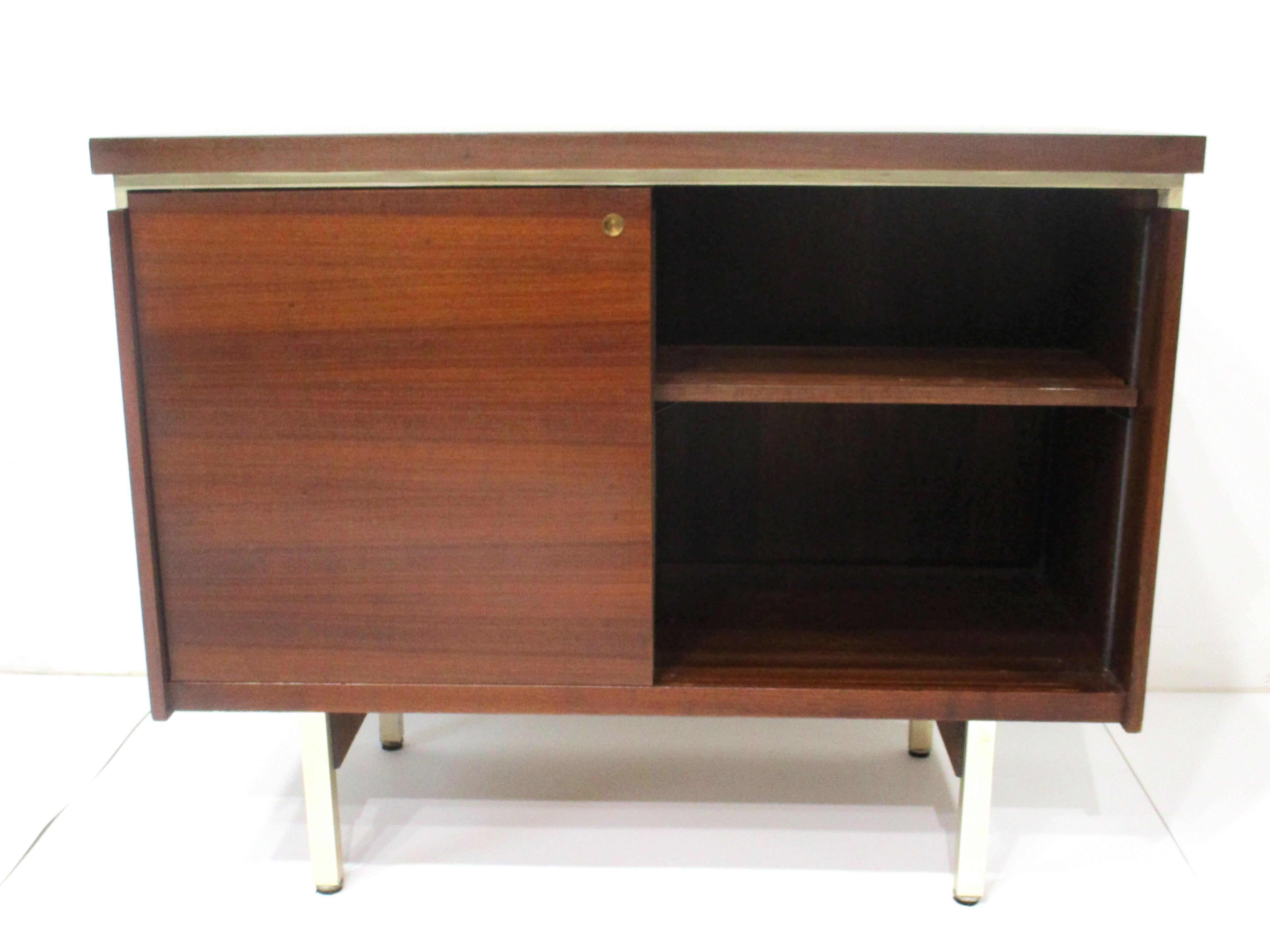 Metal Mid Century Small Walnut Credenza in the style of McCobb Calvin 