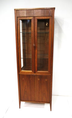 Mid Century Smaller Walnut Lighted Curio Cabinet in the Style of Danish Modern