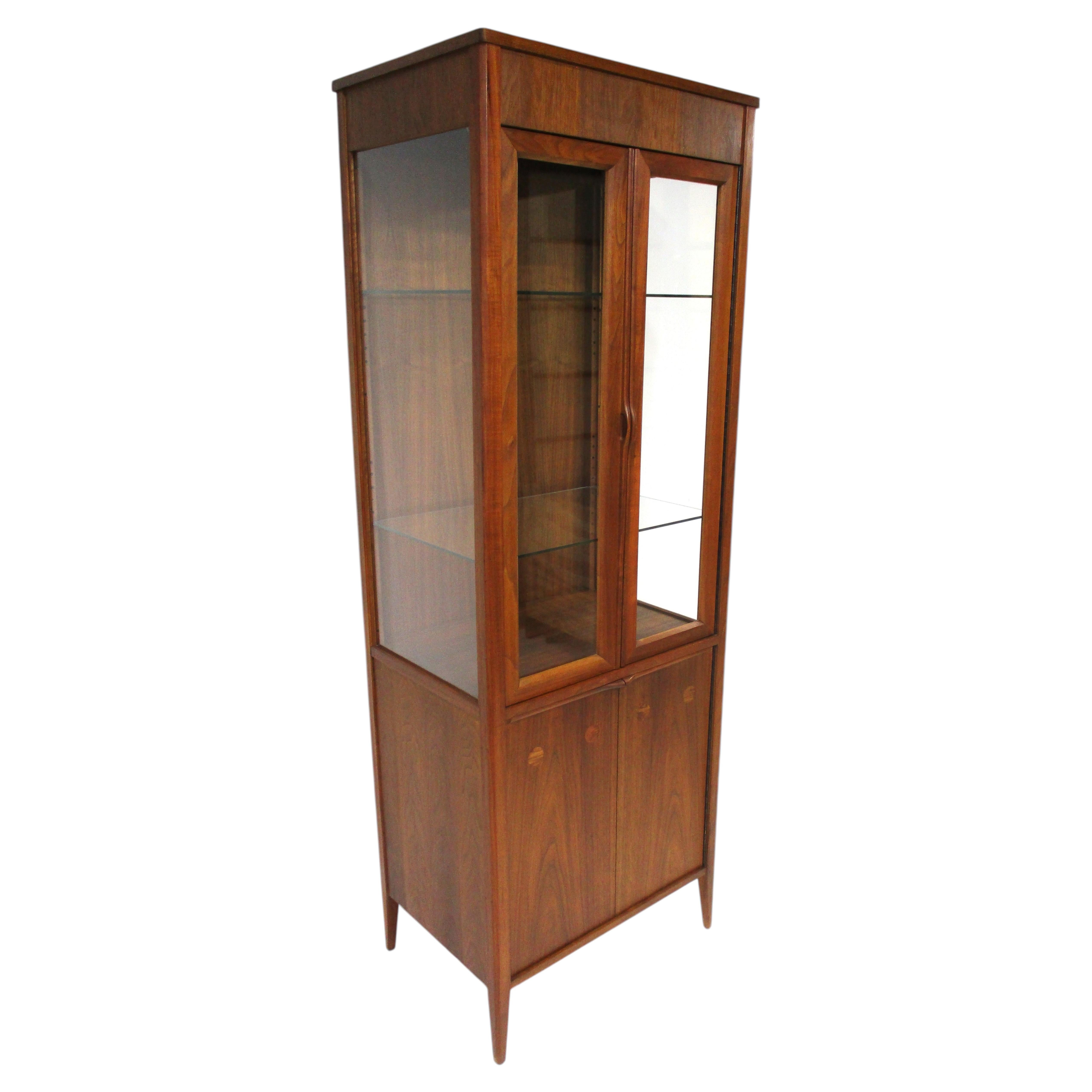 Mid Century Smaller Walnut Lighted Curio Cabinet in the Style of Danish Modern