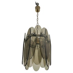 Mid-Century Smoked Glass Chandelier With 12 Petals in the style of Max Ingrand
