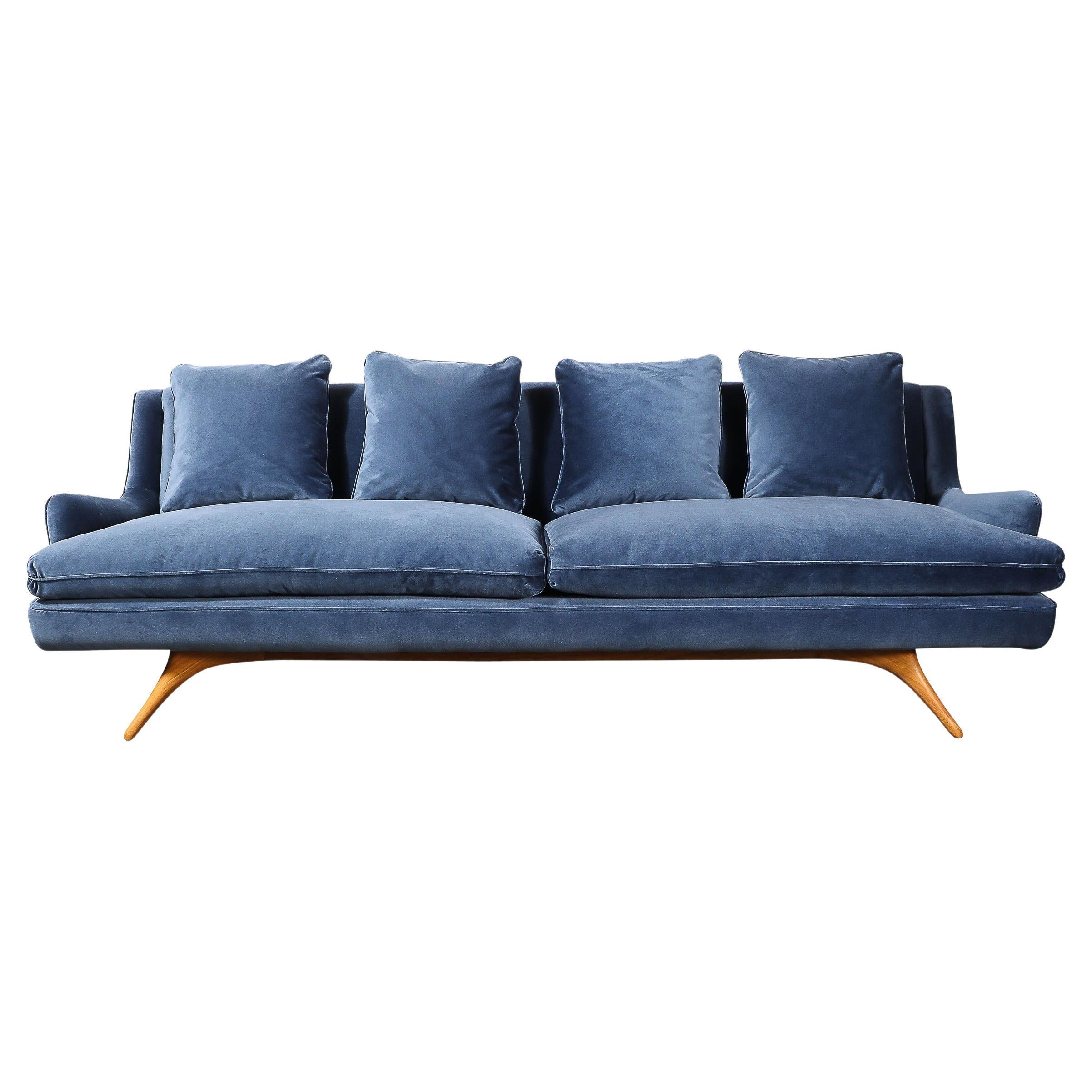 Mid-Century Smoked Sapphire Velvet Sculptural Supported Sofa by Vladimir Kagan For Sale