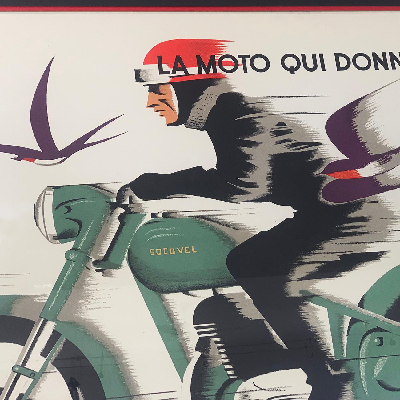 Midcentury poster, “Motorcycle” by Socovel Motorcycle Company Brussel, Belgium (Belgique) Europe. The Company was founded on March 4th 1941 by the brothers Maurice and Albert de Limette in Brussels. This Company was the first to create an Electric