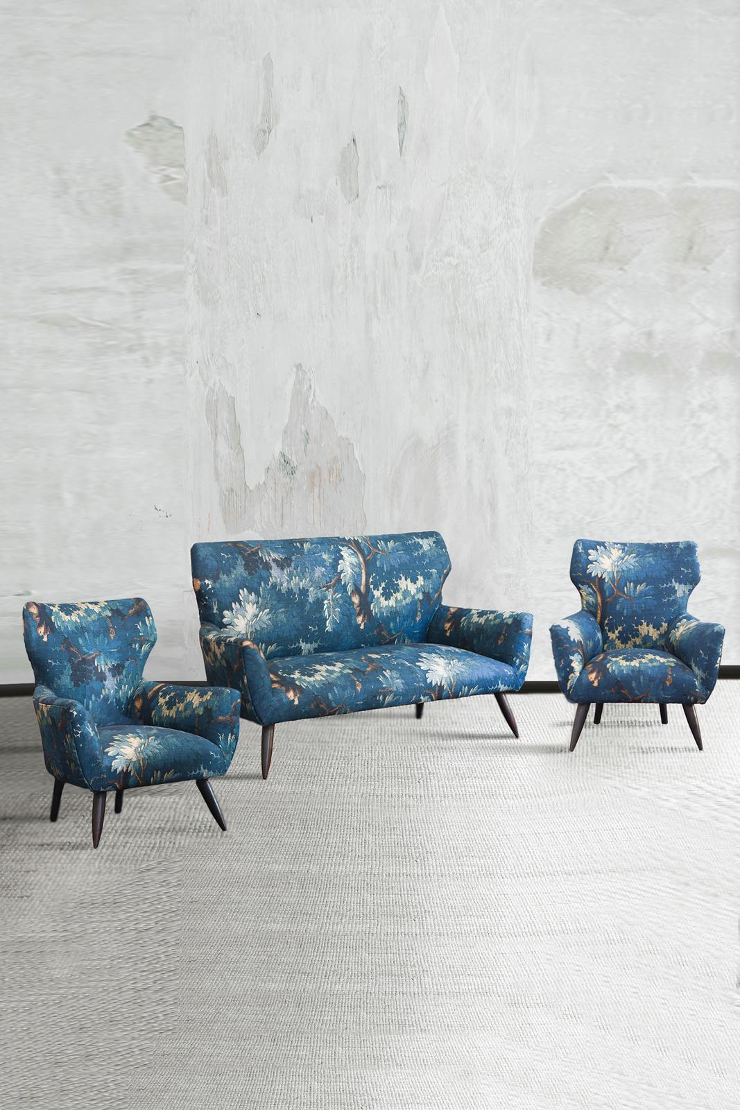 Mid-century Sofa and Pair of Bergère Armchairs Set with Dedar Fabric Upholstery
Product Details
Upholstered in Dedar fabric “Schwarzwald” Bleu Nuit – Code 003.
The sofa is also available as a single piece, upon request.
Armchair Dimensions: 76 W x
