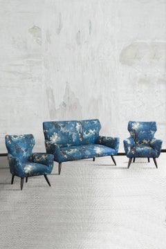 Mid-century Sofa and Pair of Bergère Armchairs Set with Dedar Fabric Upholstery