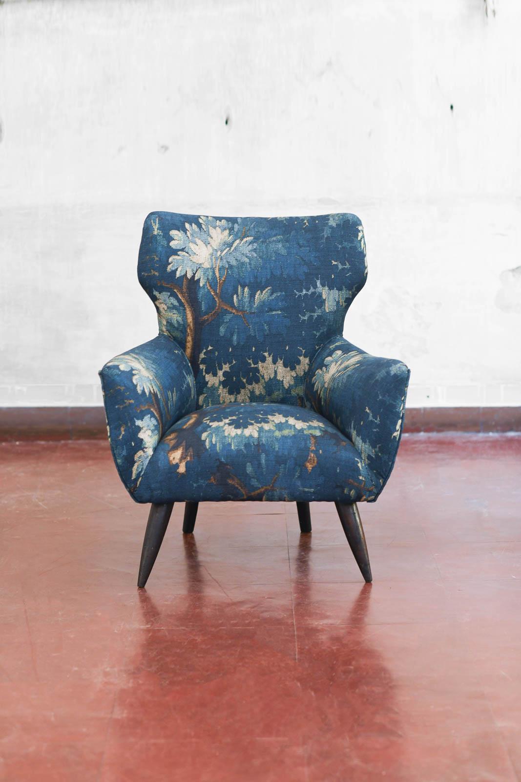 Mid-century Sofa and Pair of Bergère Armchairs Set with Dedar Fabric Upholstery For Sale 1