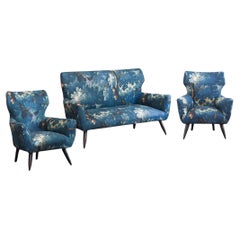 Mid-century Sofa and Pair of Bergère Armchairs Set with Dedar Fabric Upholstery