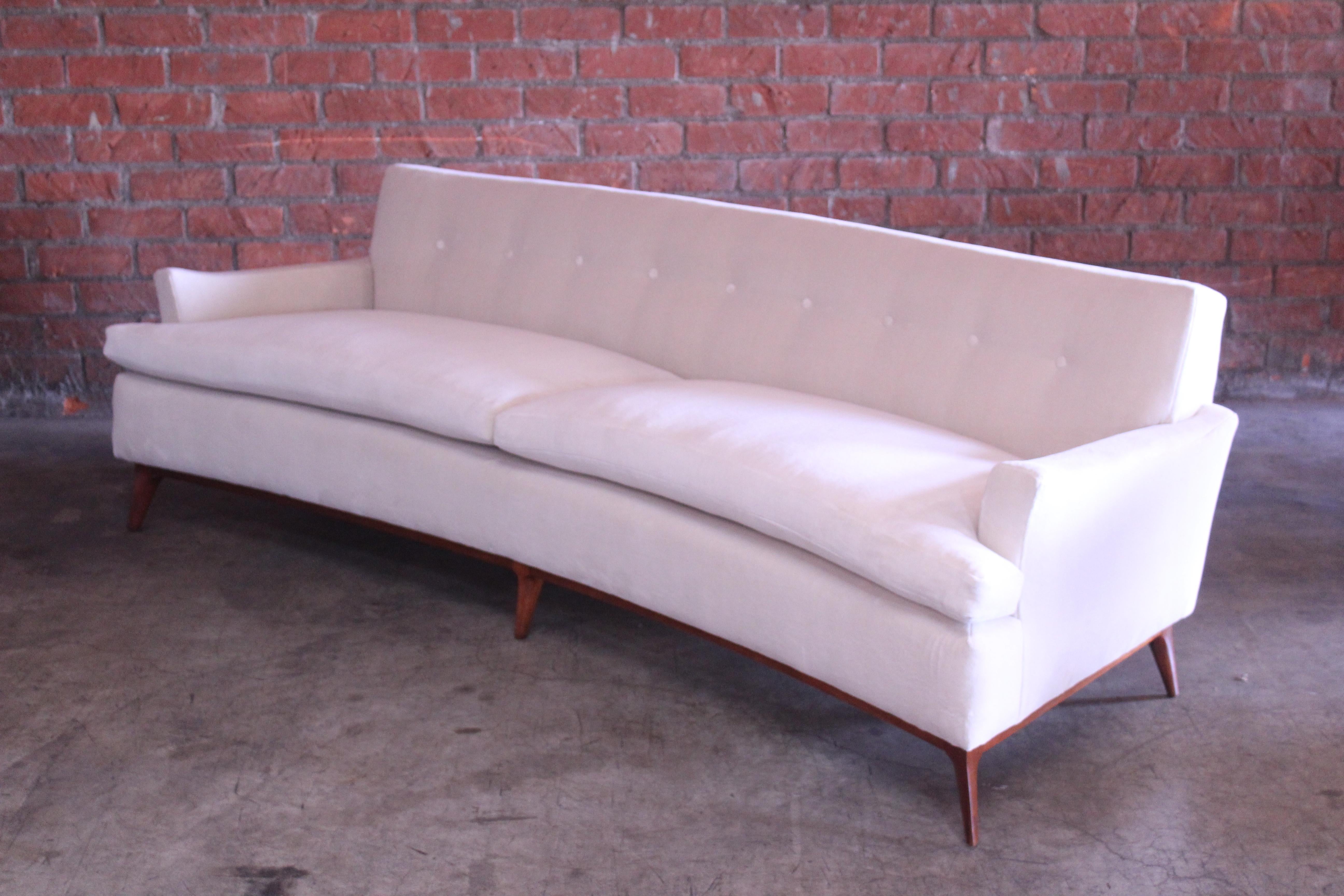 Vintage 1950s Mid Century Modern Sofa in New Velvet and Walnut Legs 4