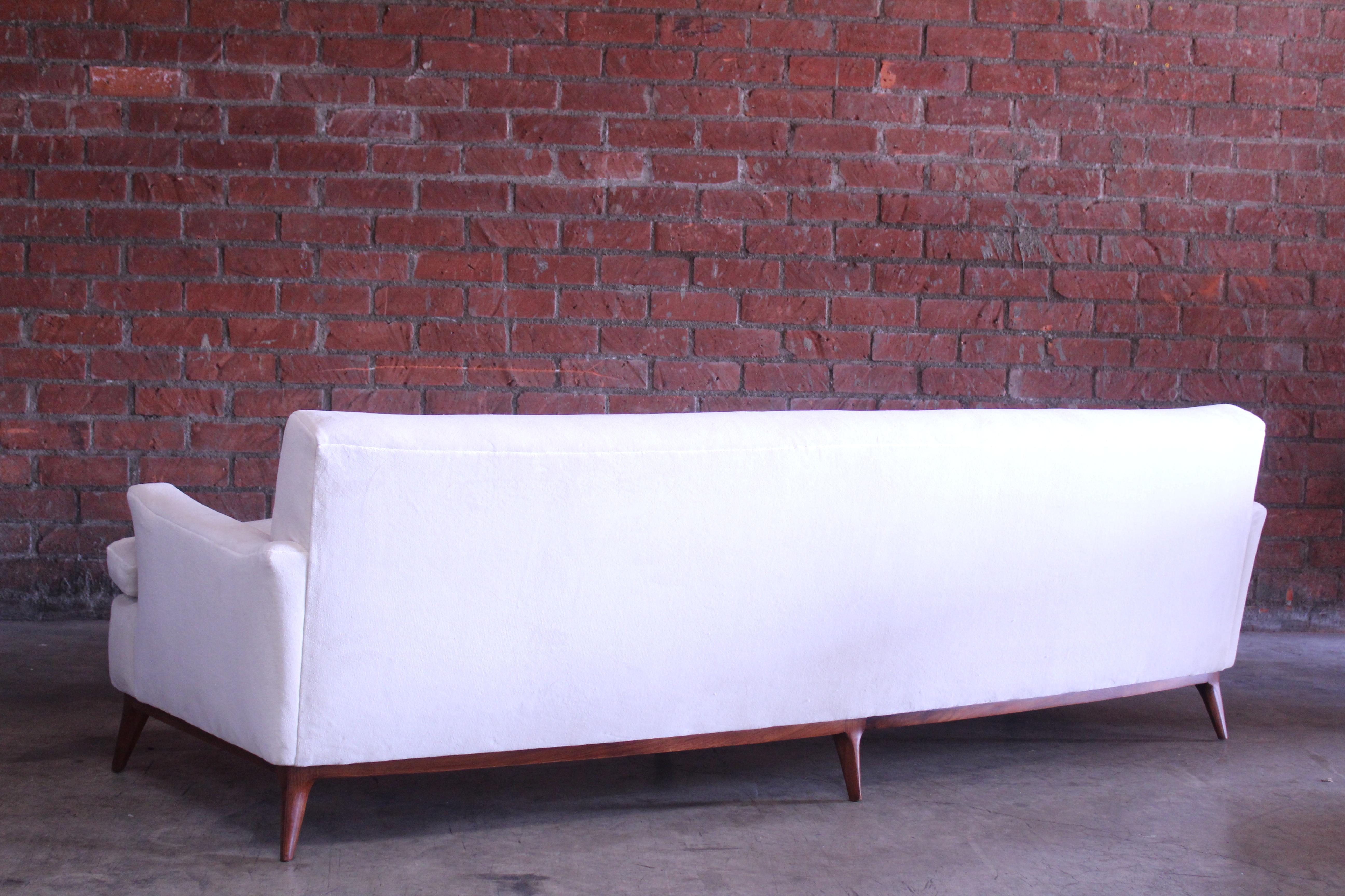 Vintage 1950s Mid Century Modern Sofa in New Velvet and Walnut Legs 8