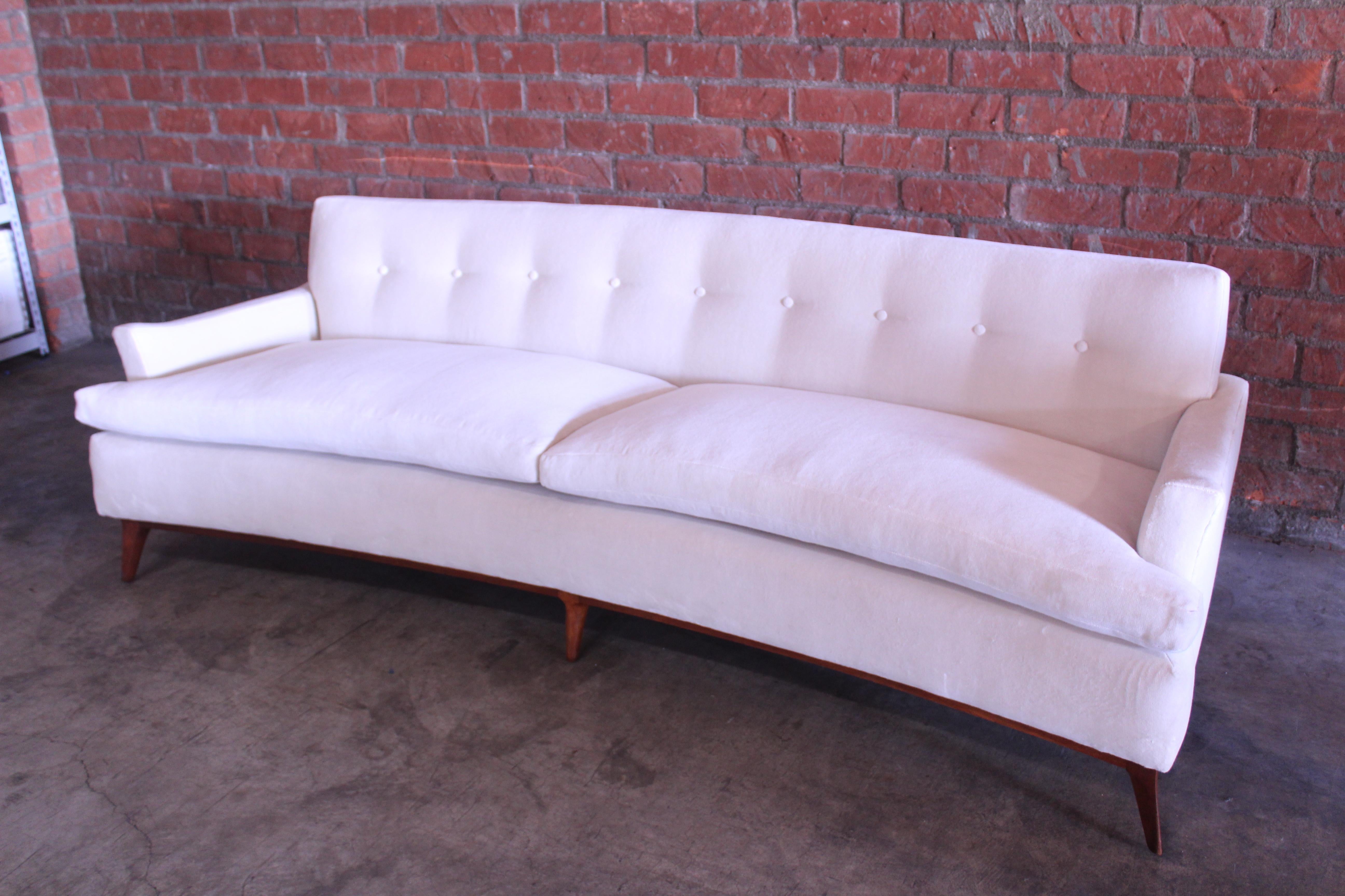 American Vintage 1950s Mid Century Modern Sofa in New Velvet and Walnut Legs