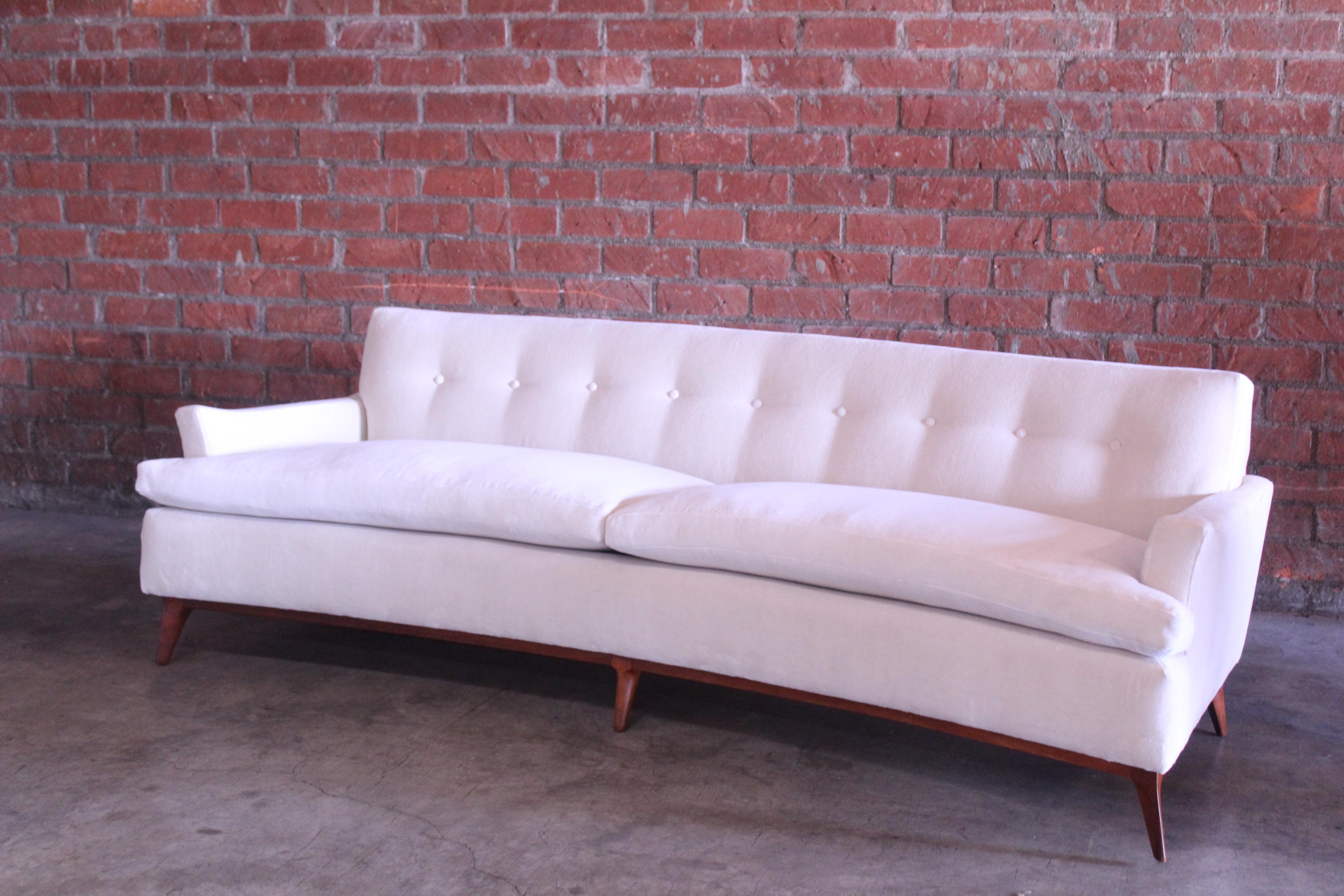 Vintage 1950s Mid Century Modern Sofa in New Velvet and Walnut Legs 2