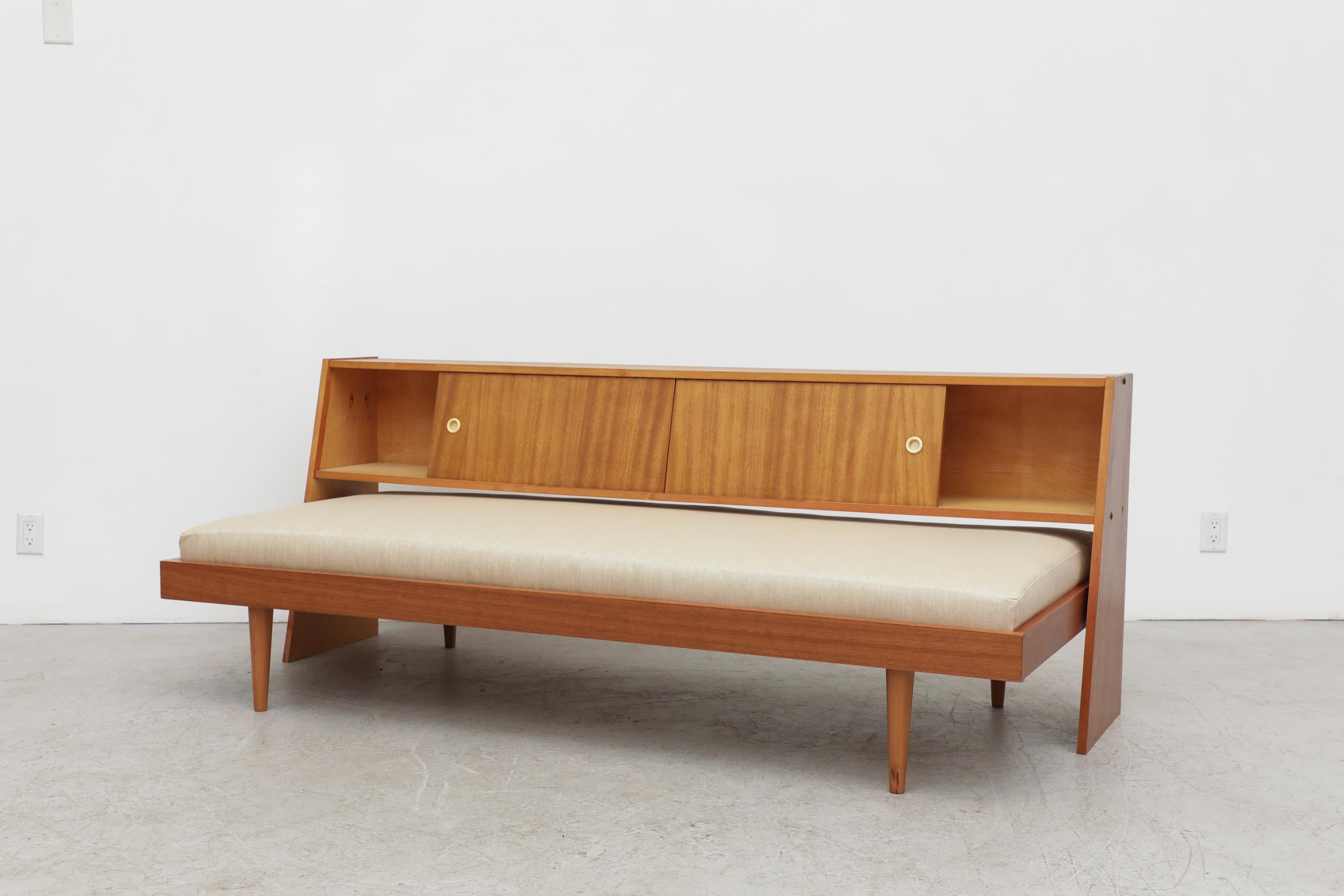 Dutch Mid-Century Teak Pull Out Sofa Bed with Detached Headboard and Sliding Doors For Sale